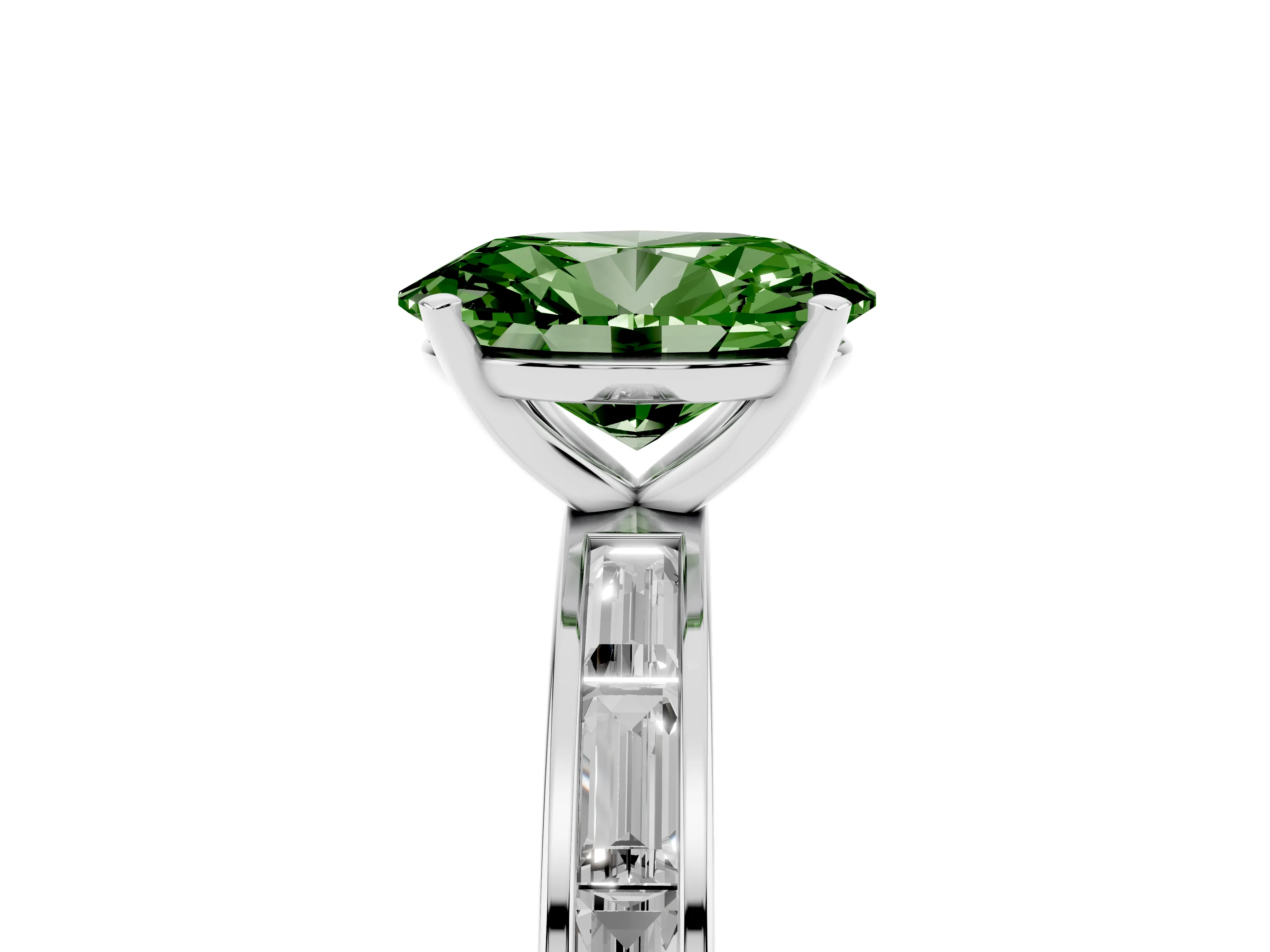 Fancy Green Oval Cut Diamond Solitaire Ring Set in Platinum with Channel-Set Baguette Band and Prong Setting