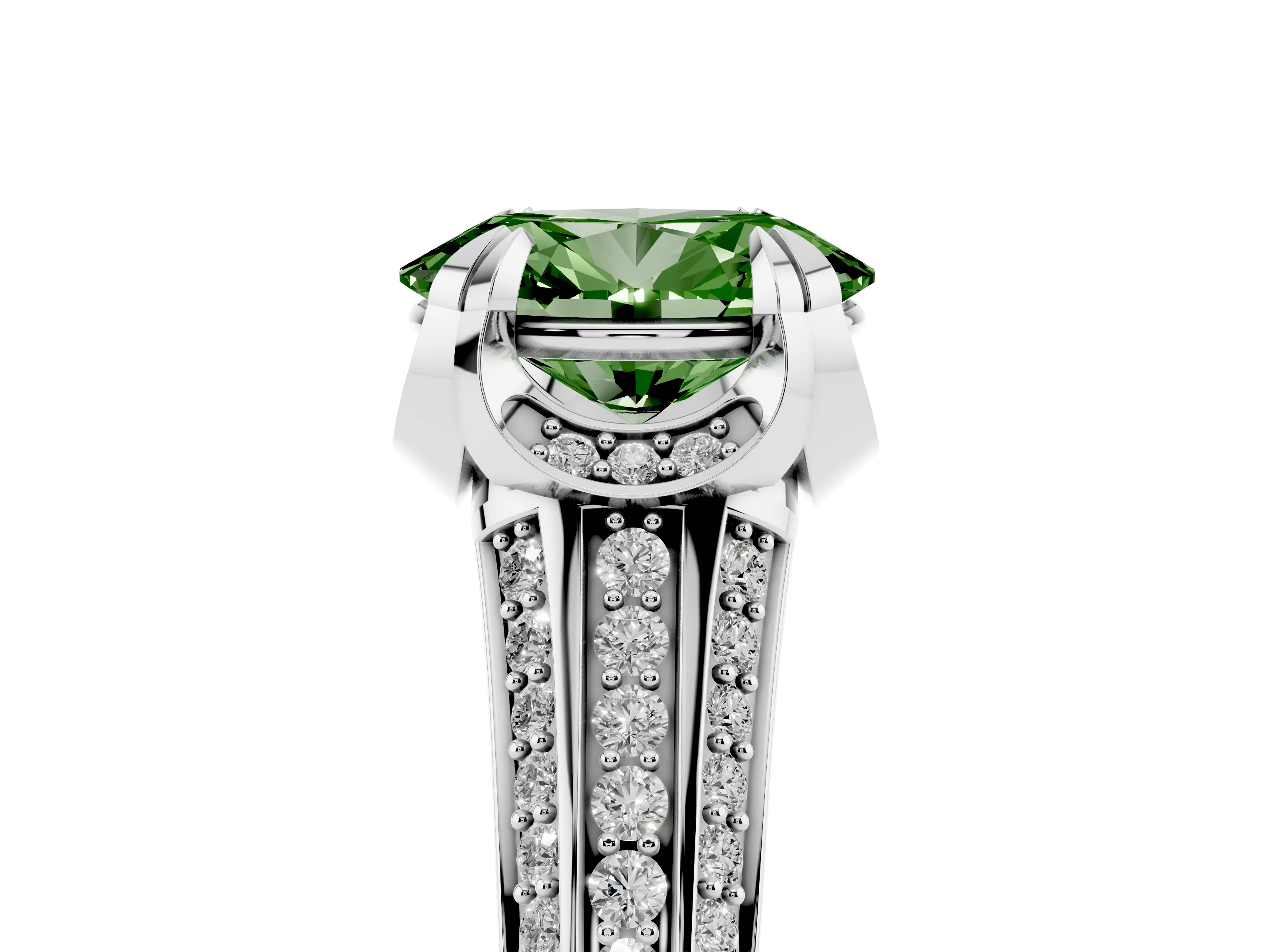 Fancy Green Oval Cut Diamond Pavé Split Shank Solitaire Ring Set in Silver with Prong Setting