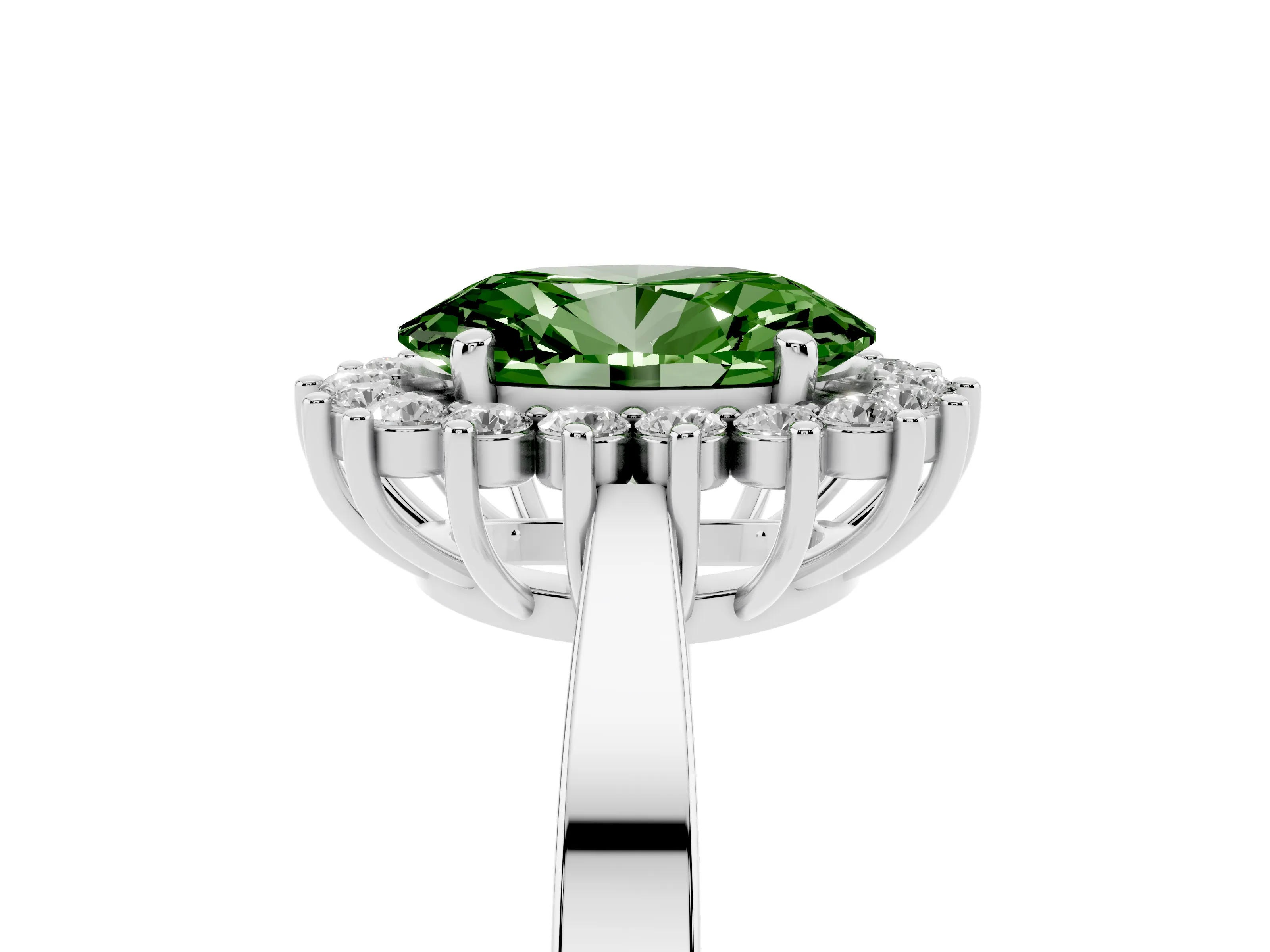 Fancy Green Oval Cut Diamond Halo Ring Set in White gold with Round Halo and Smooth Solitaire Band