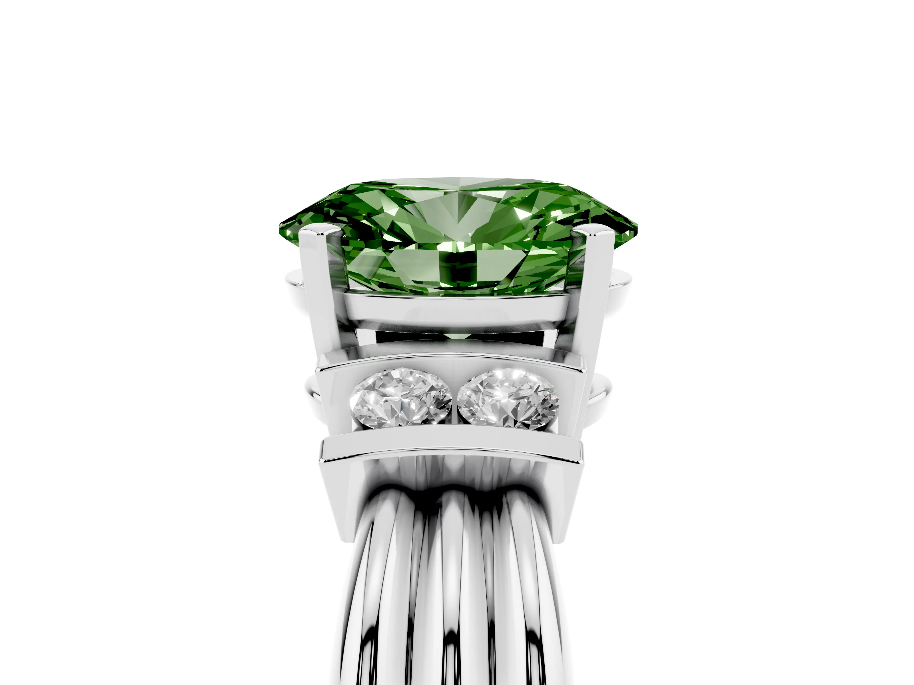 Fancy Green Three-Stone Oval Cut Diamond Channel Set Ring Set in Silver with Bar Prongs