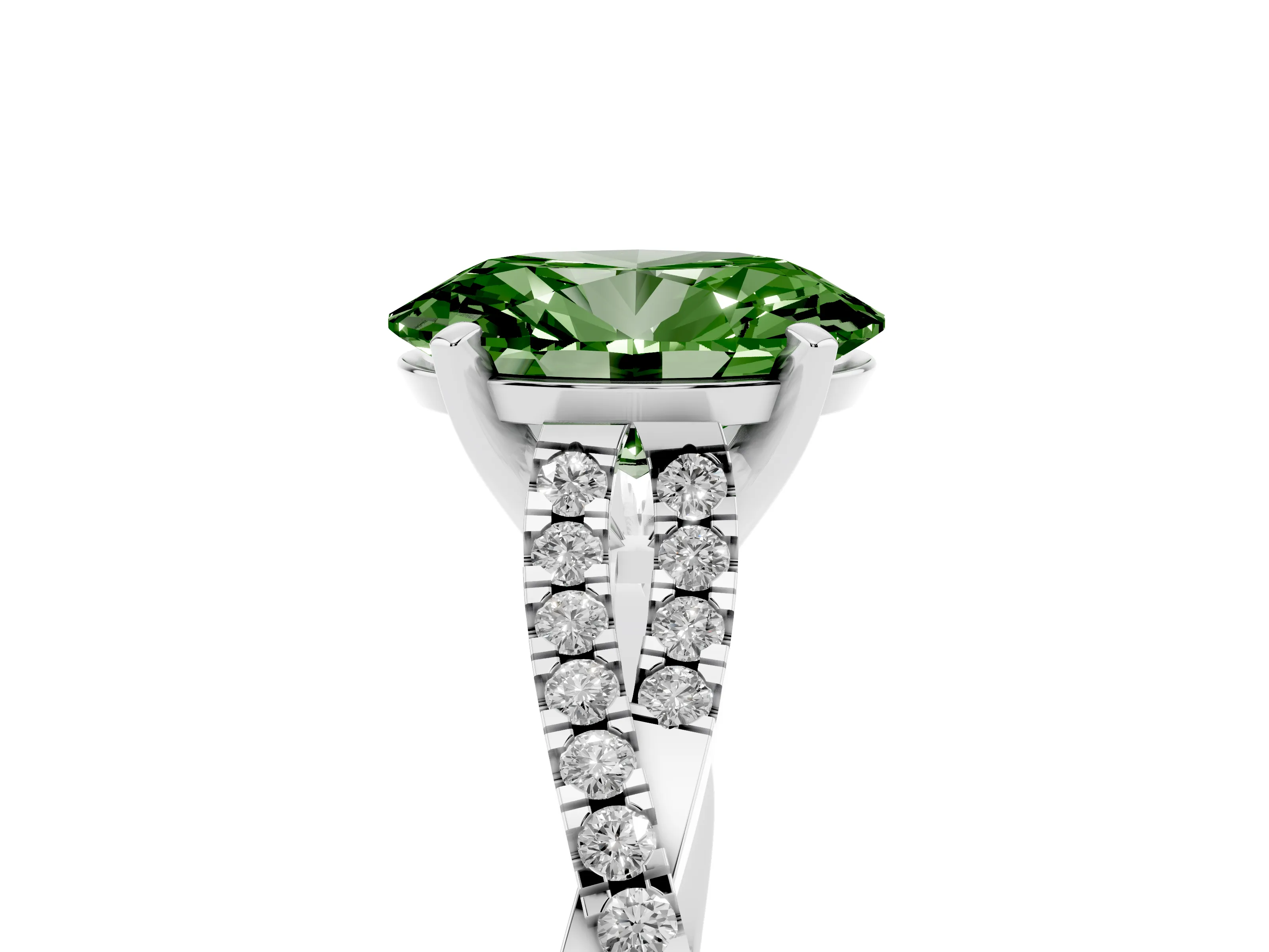 Fancy Green Oval Cut Diamond Solitaire Engagement Ring Set in White gold with Twisted Pavé Band and Prong Setting