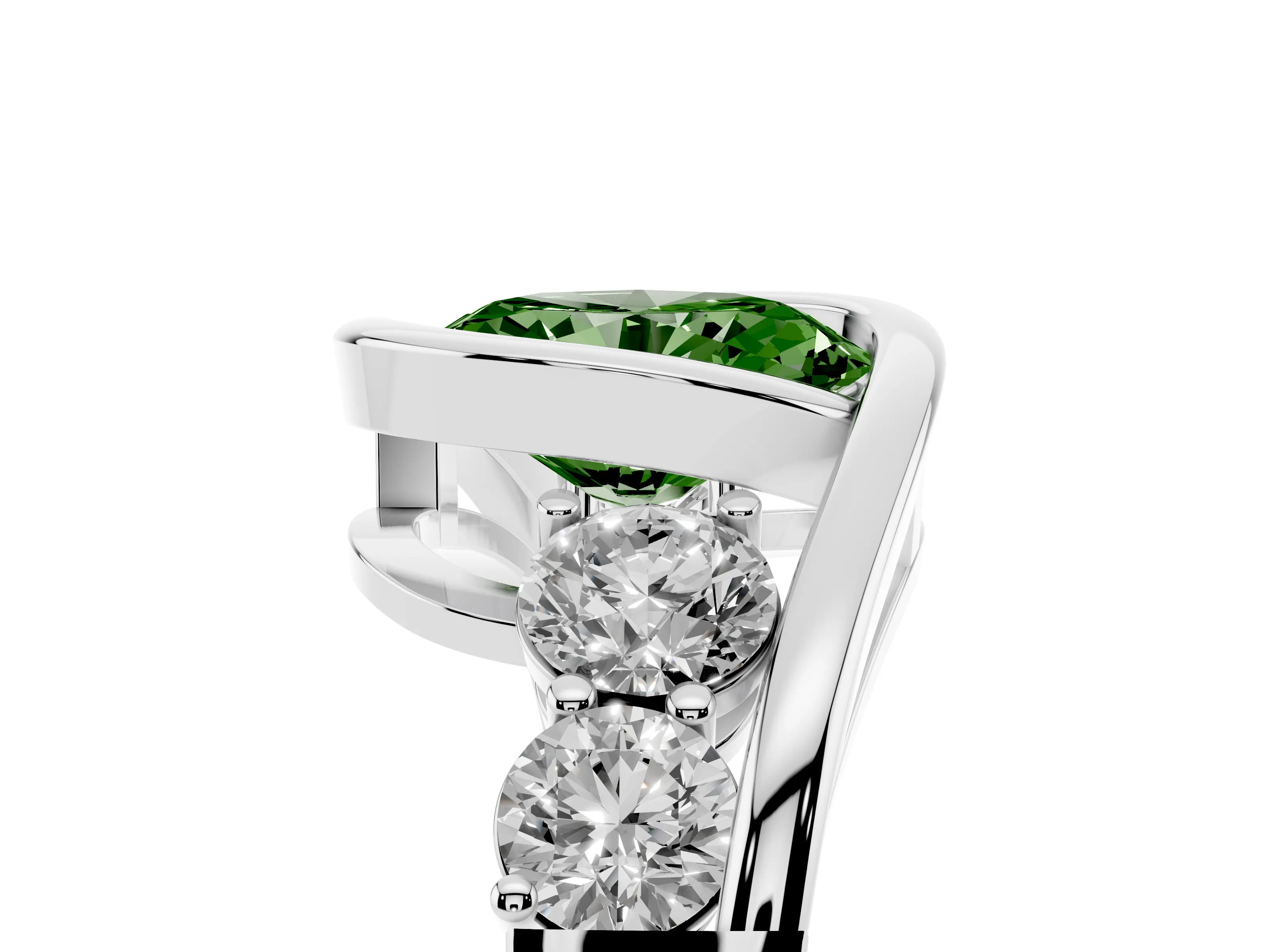 Fancy Green Oval Cut Diamond Bezel Bypass Ring Set in Silver with Round Accents