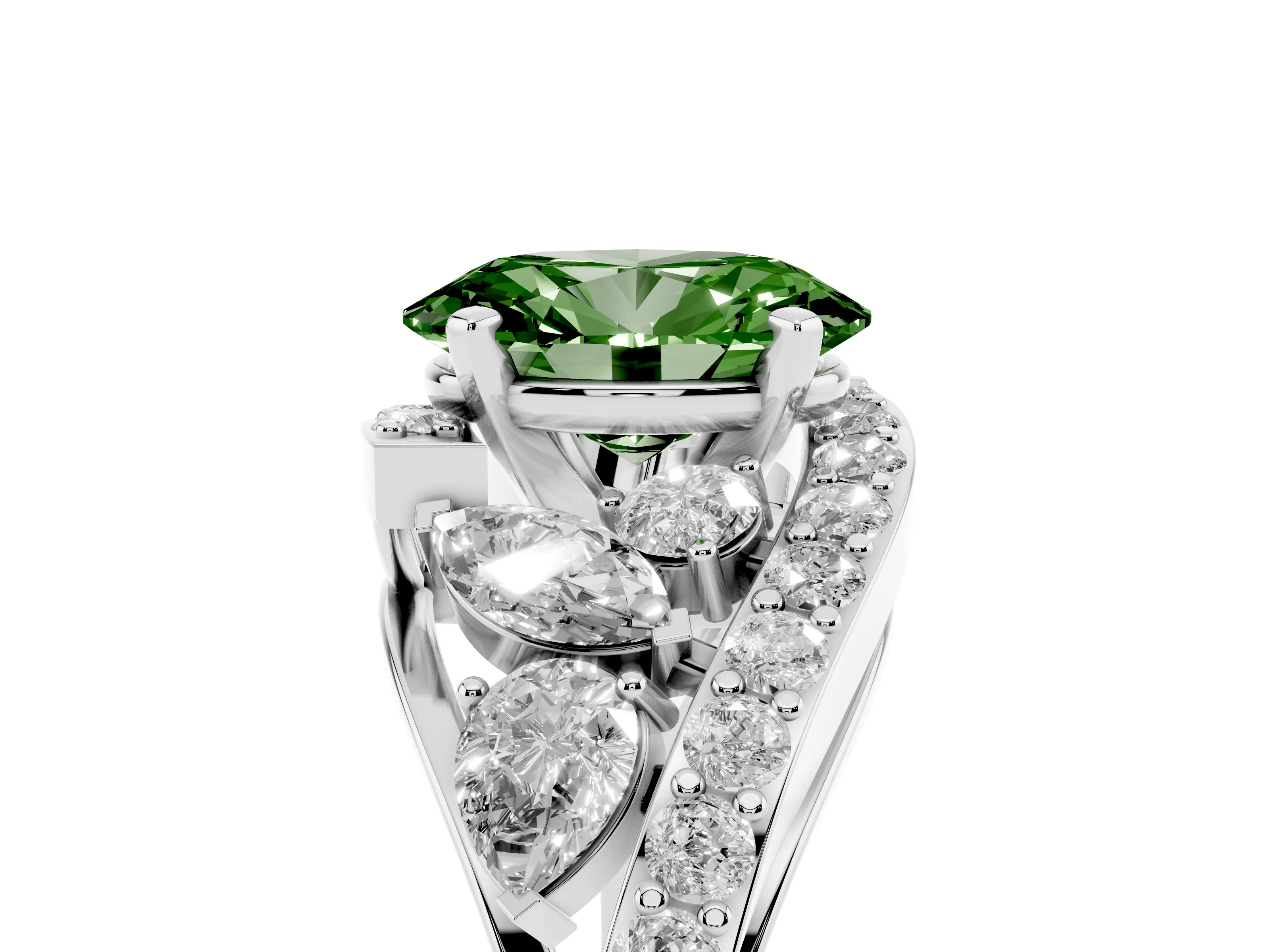 Fancy Green Oval Cut Diamond Halo Ring Set in Platinum with Marquise and Pavé Band in Prong Setting