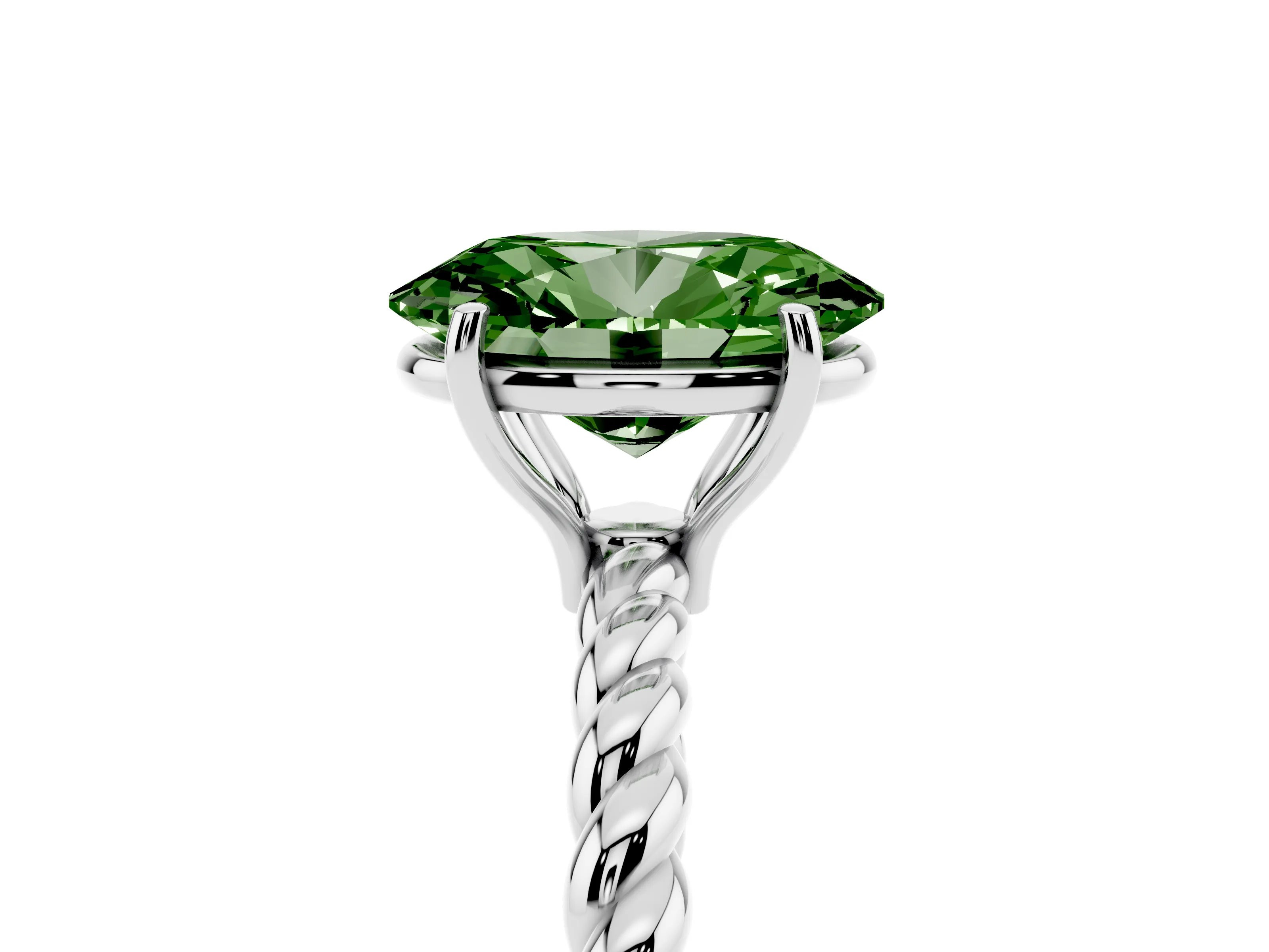 Fancy Green Oval Cut Diamond Solitaire Ring Set in White gold with Twist Band and Prong Setting