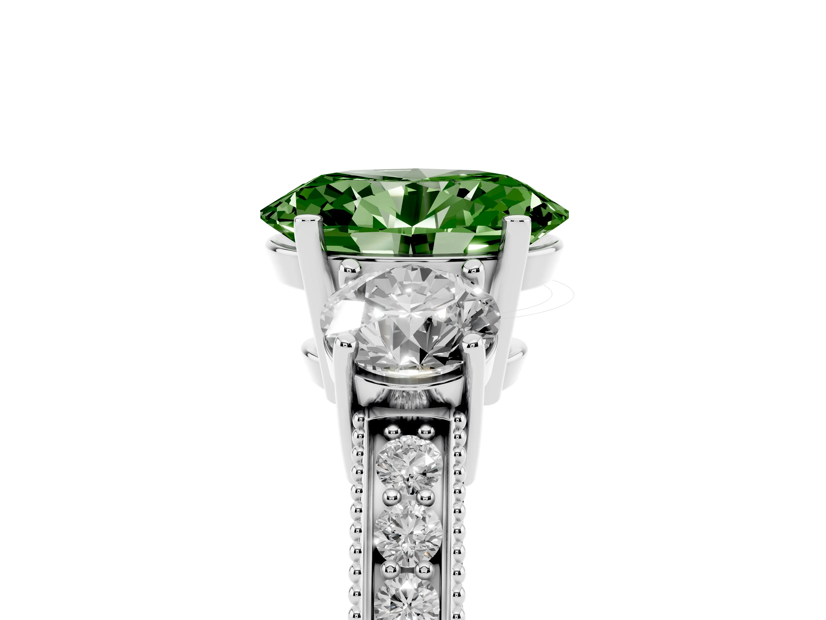 Fancy Green Oval Cut Diamond Three-Stone Ring Set in Platinum with Round Side Stones and Pavé Band