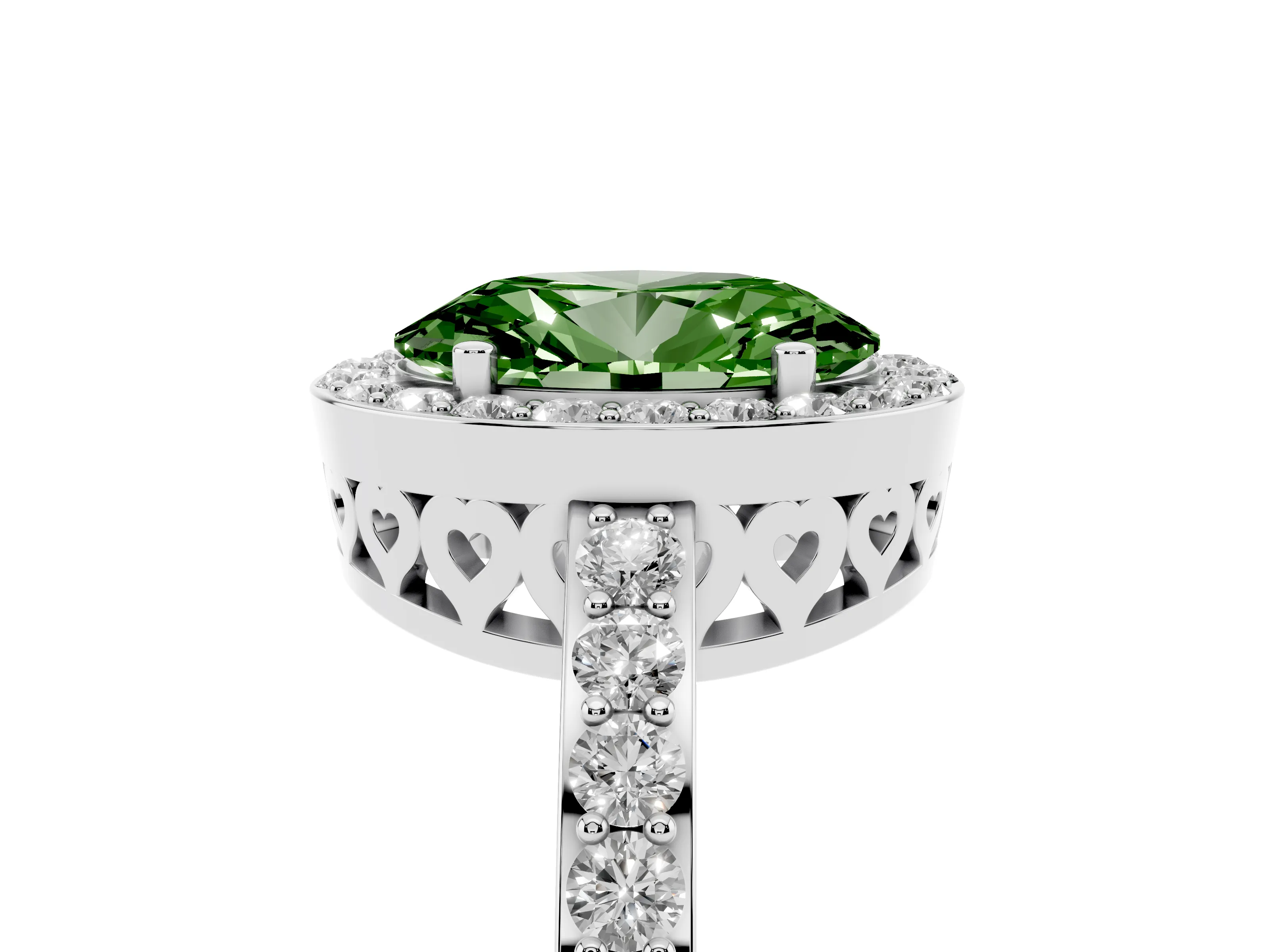 Fancy Green Oval Cut Diamond Halo Ring Set in White gold with Pavé-Setting Band and Open Prong Center