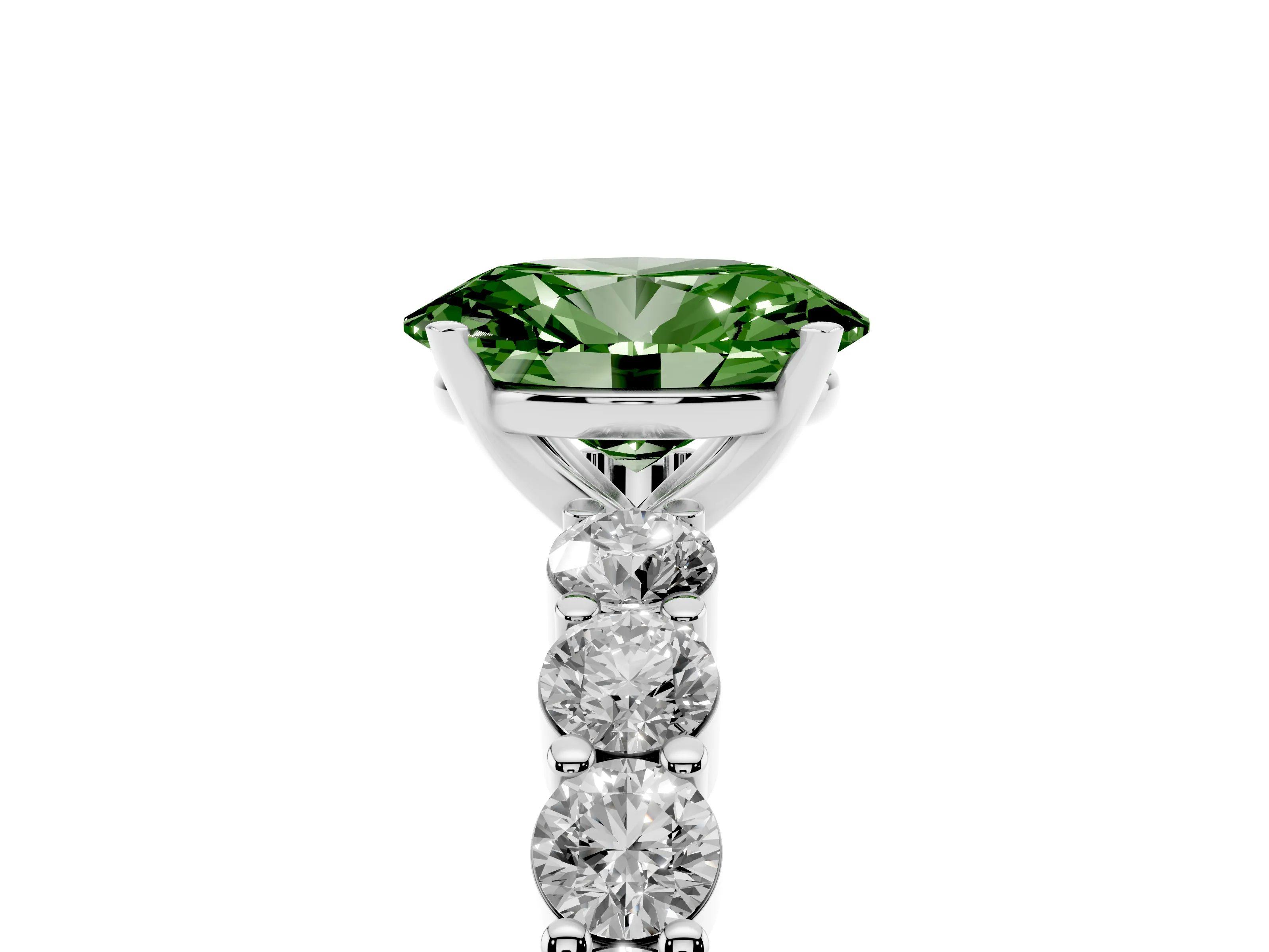 Fancy Green Oval Cut Diamond Solitaire Ring Set in Platinum with Shared Prong Round Side Stones
