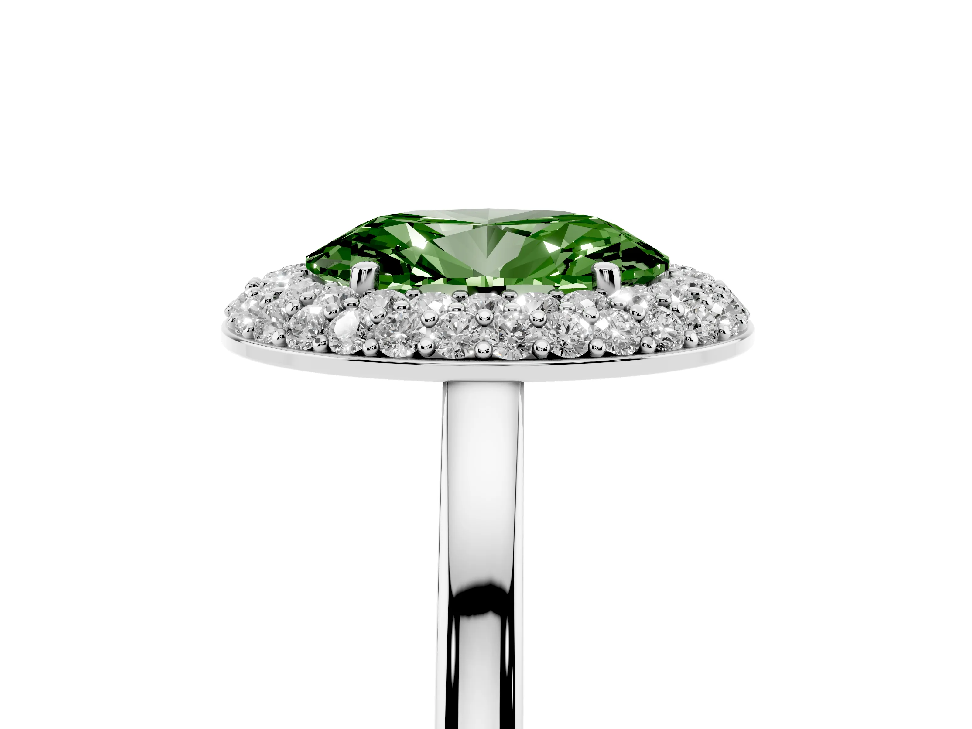 Fancy Green Oval Cut Diamond Halo Engagement Ring Set in Silver with Solitaire Band and Prong Setting