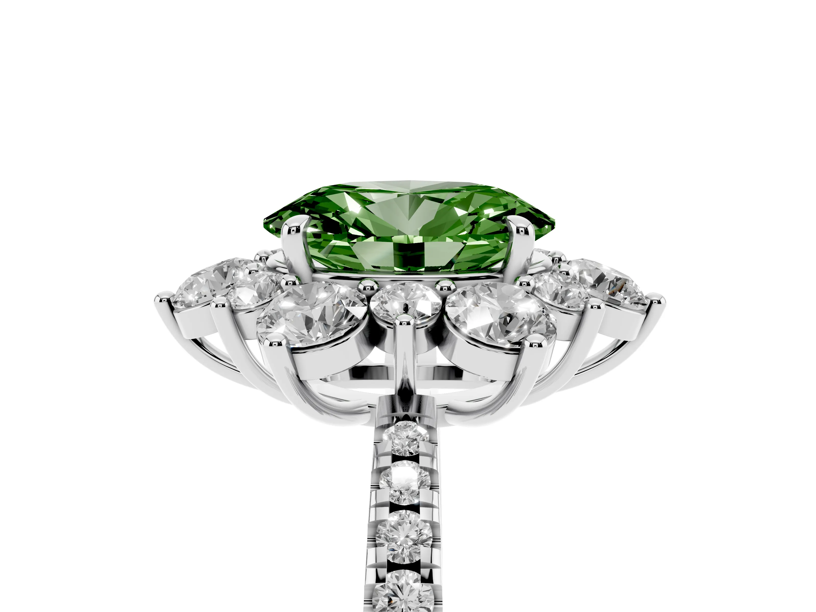 Fancy Green Oval Cut Diamond Floral Halo Ring Set in White gold with Round Pavé Band and Prong Setting