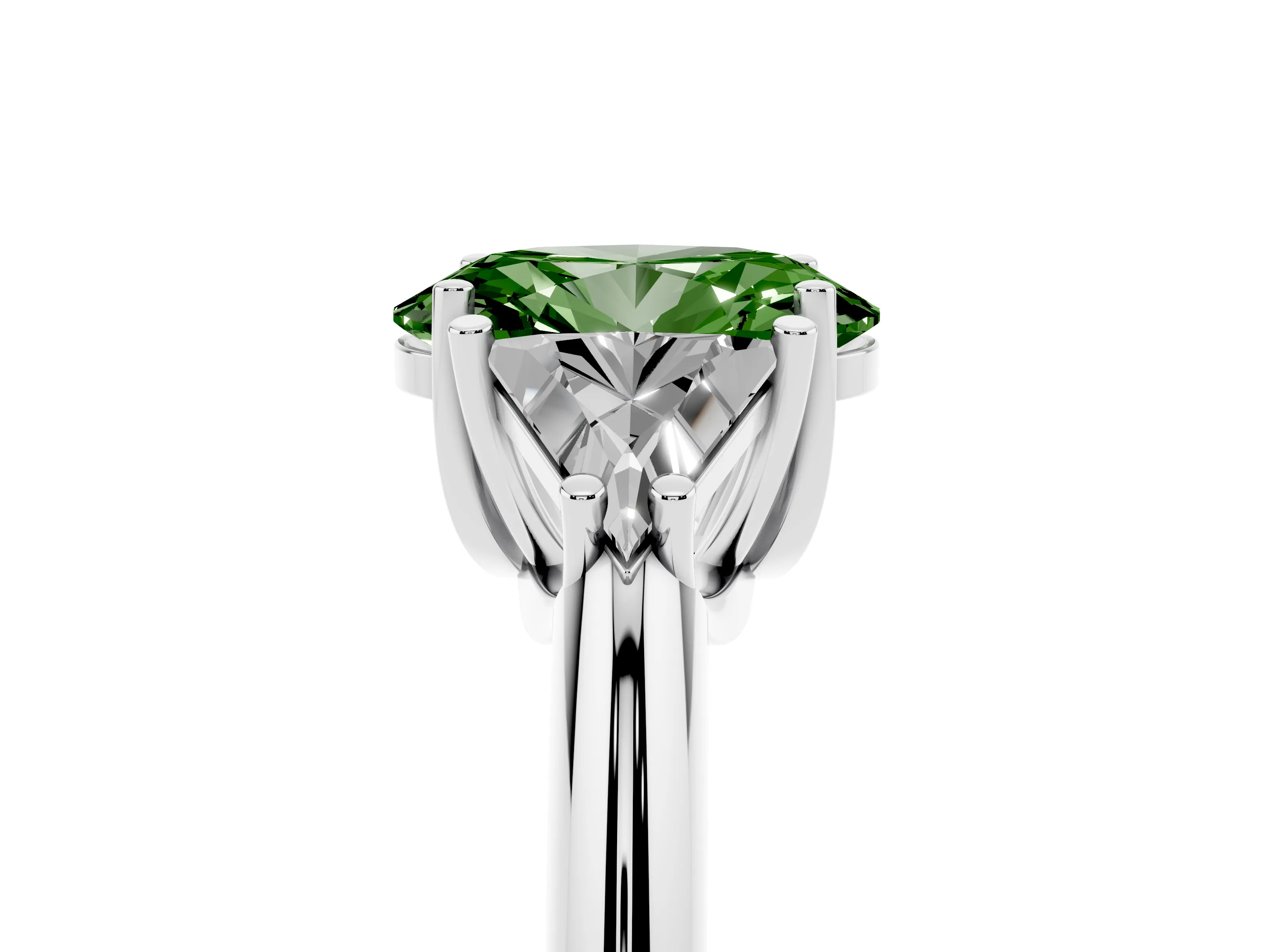 Fancy Green Oval Cut Diamond Three-Stone Engagement Ring Set in Silver with Trillion Side Stones