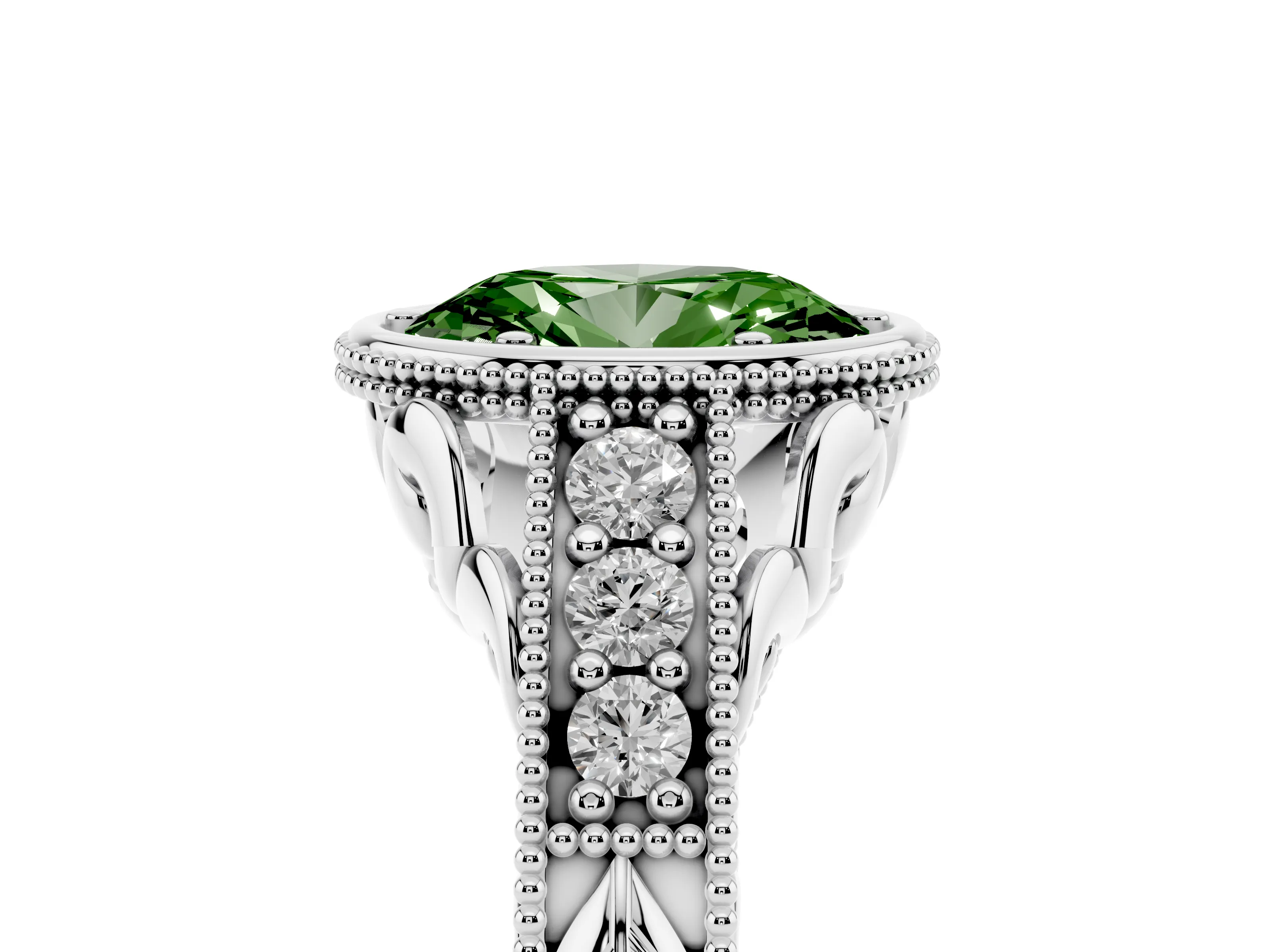 Fancy Green Bezel Set Oval Cut Diamond Milgrain Pavé Engagement Ring Set in Silver