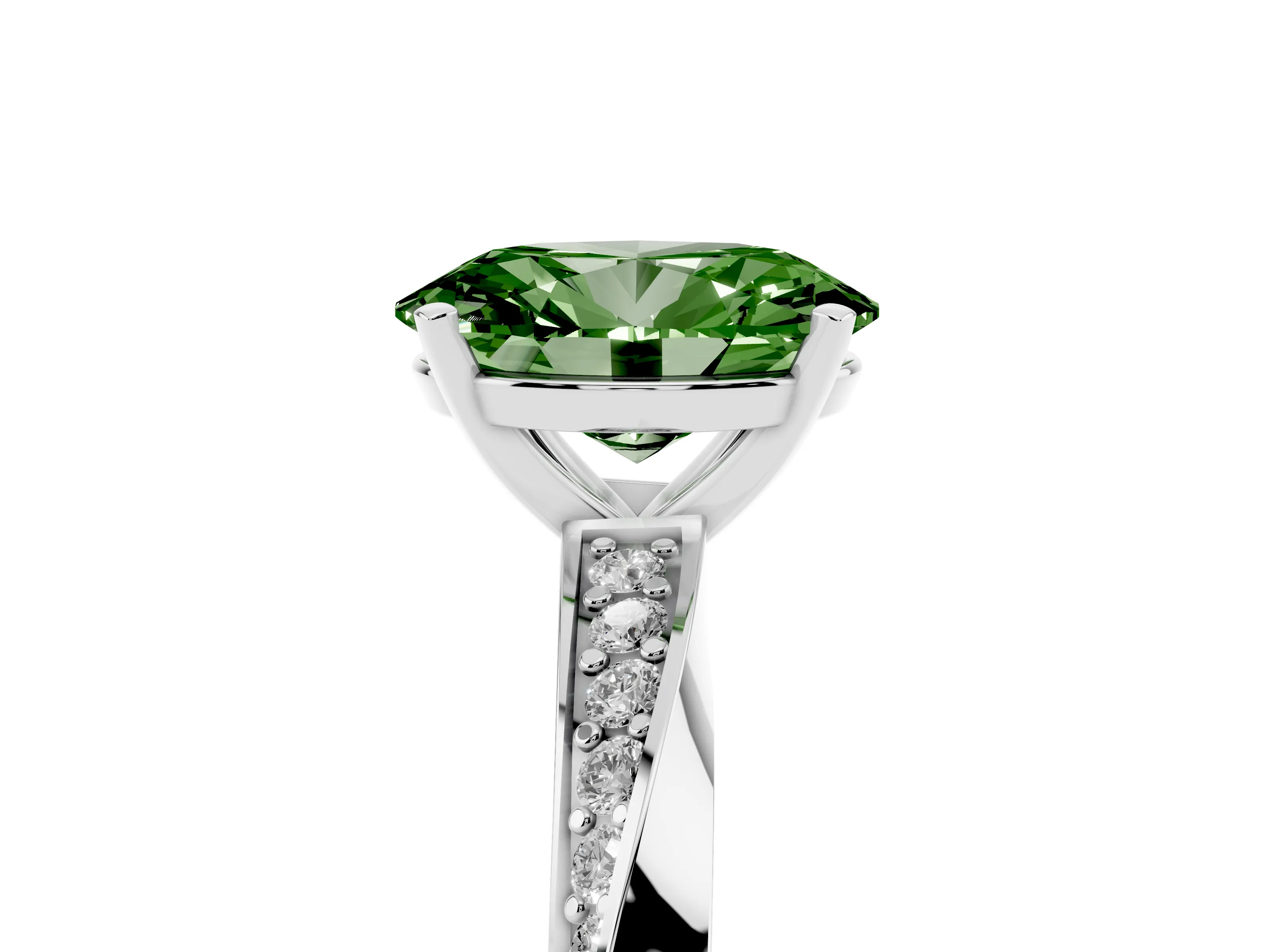 Fancy Green Oval Cut Diamond Engagement Ring Set in Silver with Side Stone Accents and Prong Setting