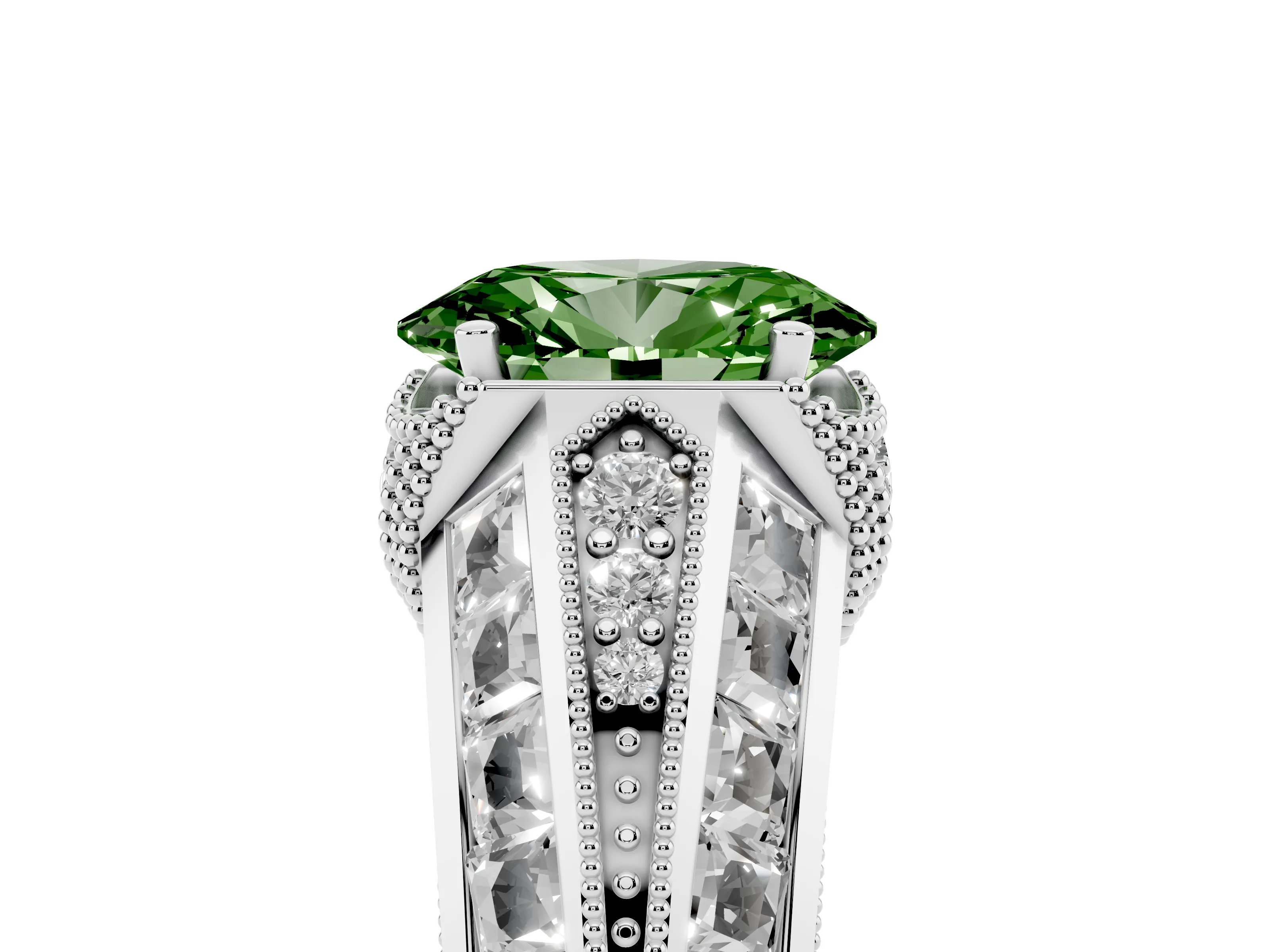 Fancy Green Oval Cut Diamond Vintage-Inspired Milgrain Ring Set in Silver with Accent Split Shank
