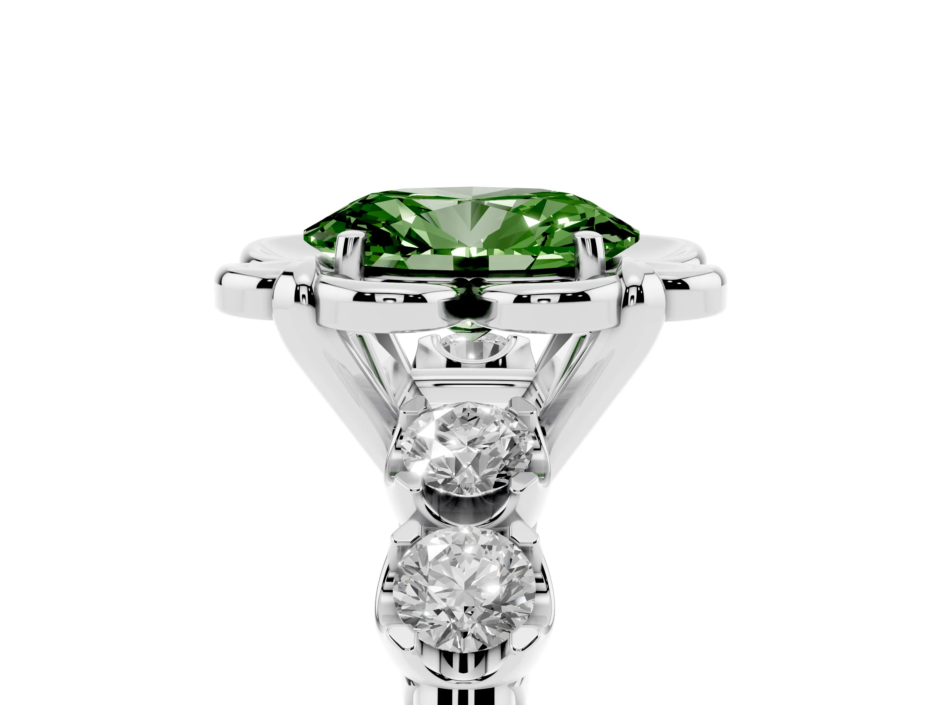 Fancy Green Oval Cut Diamond Floral Halo Ring Set in Platinum with Shared Prong Band