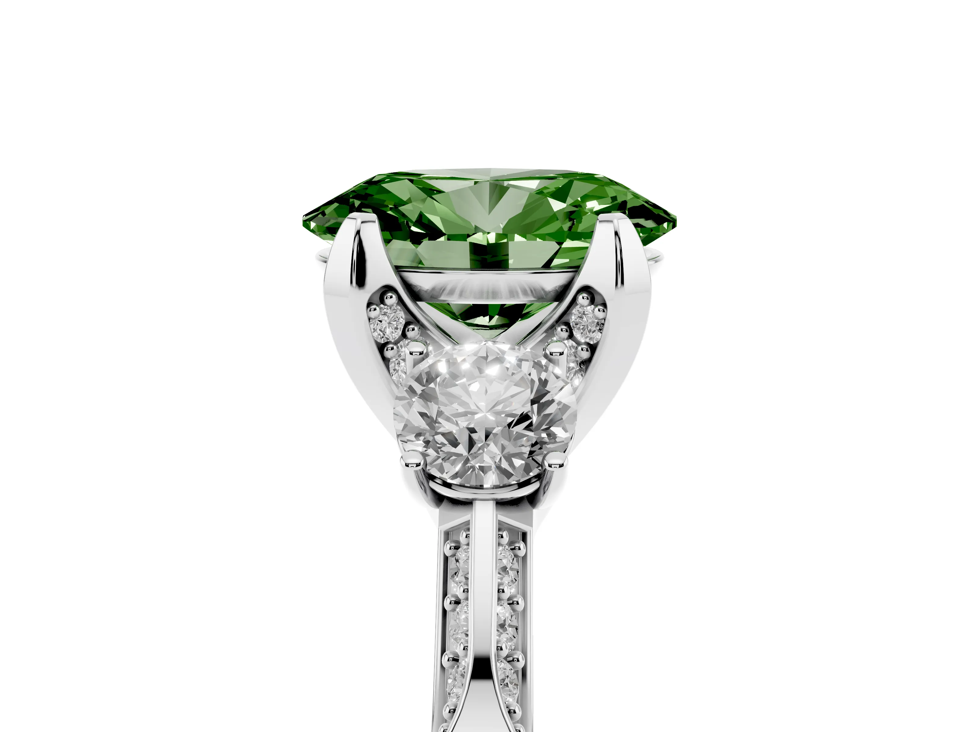 Fancy Green Oval Cut Diamond Three-Stone Ring Set in Silver with Pavé Band and Smaller Side Stones