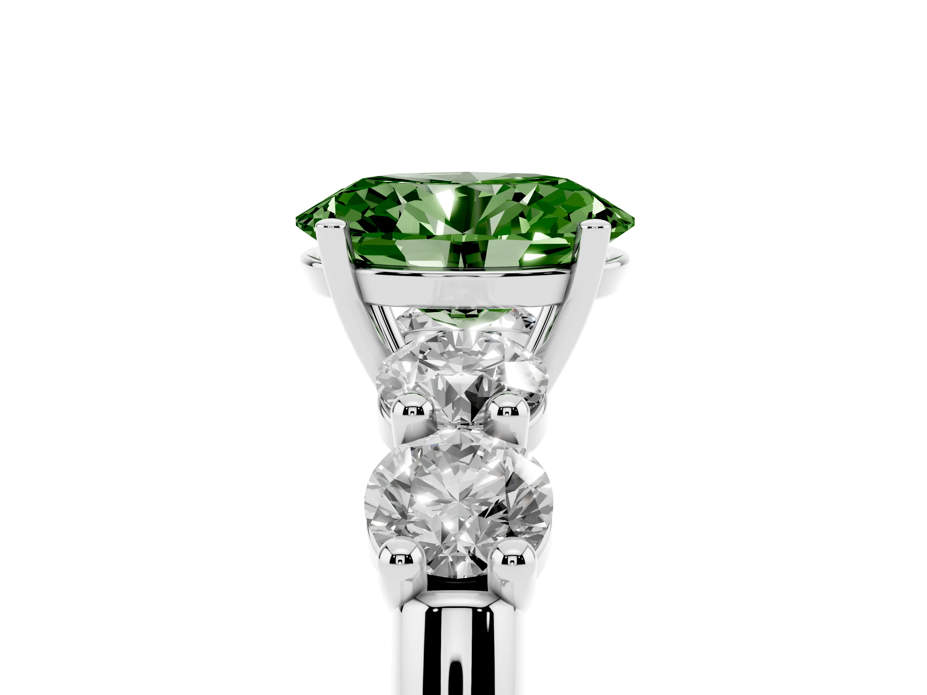 Fancy Green Oval Cut Diamond Five-Stone Prong Set Ring Set in White gold with Classic Band