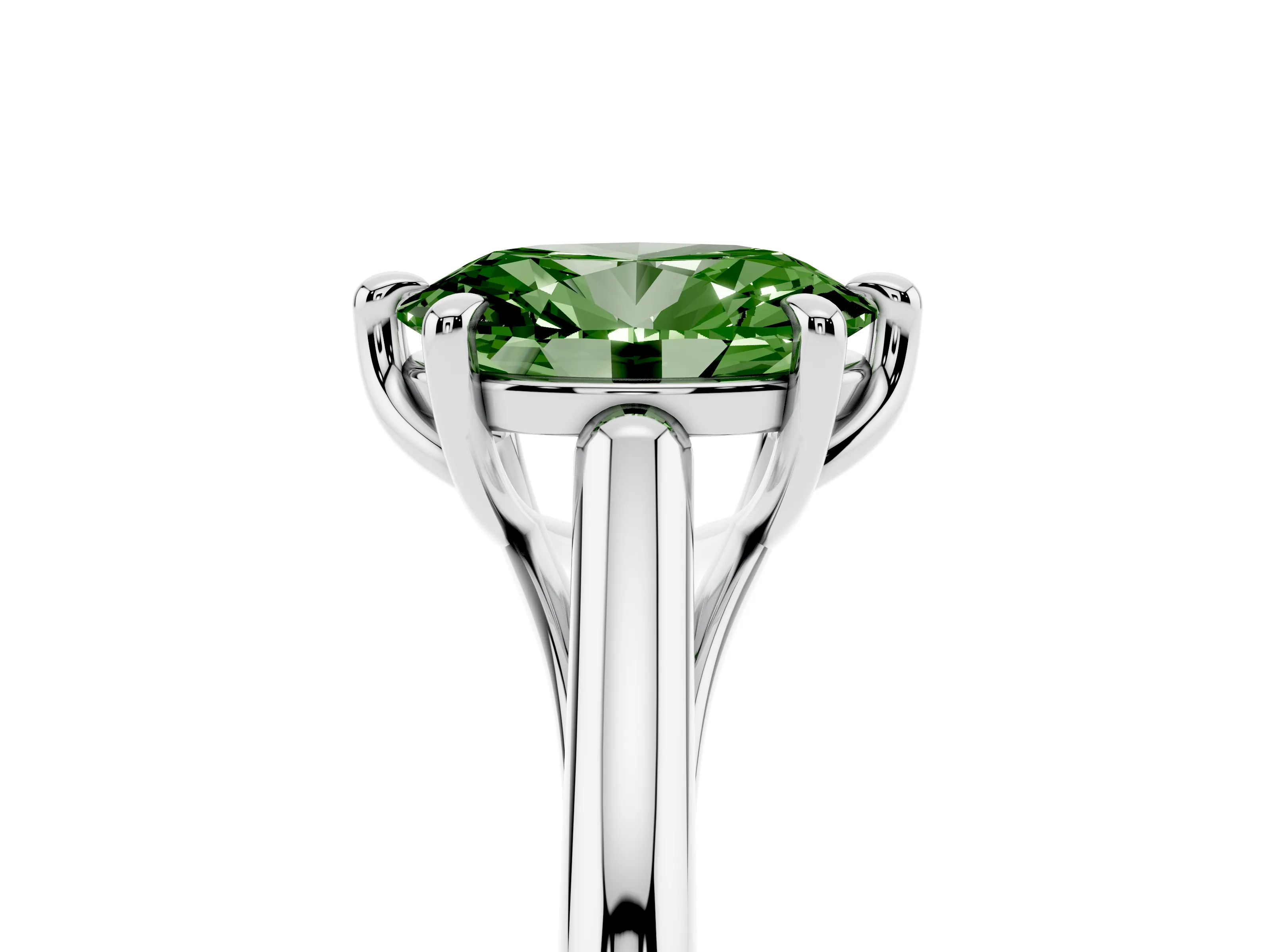 Fancy Green Oval Cut Diamond Solitaire Engagement Ring Set in Platinum with Prong Setting and Plain Classic Band