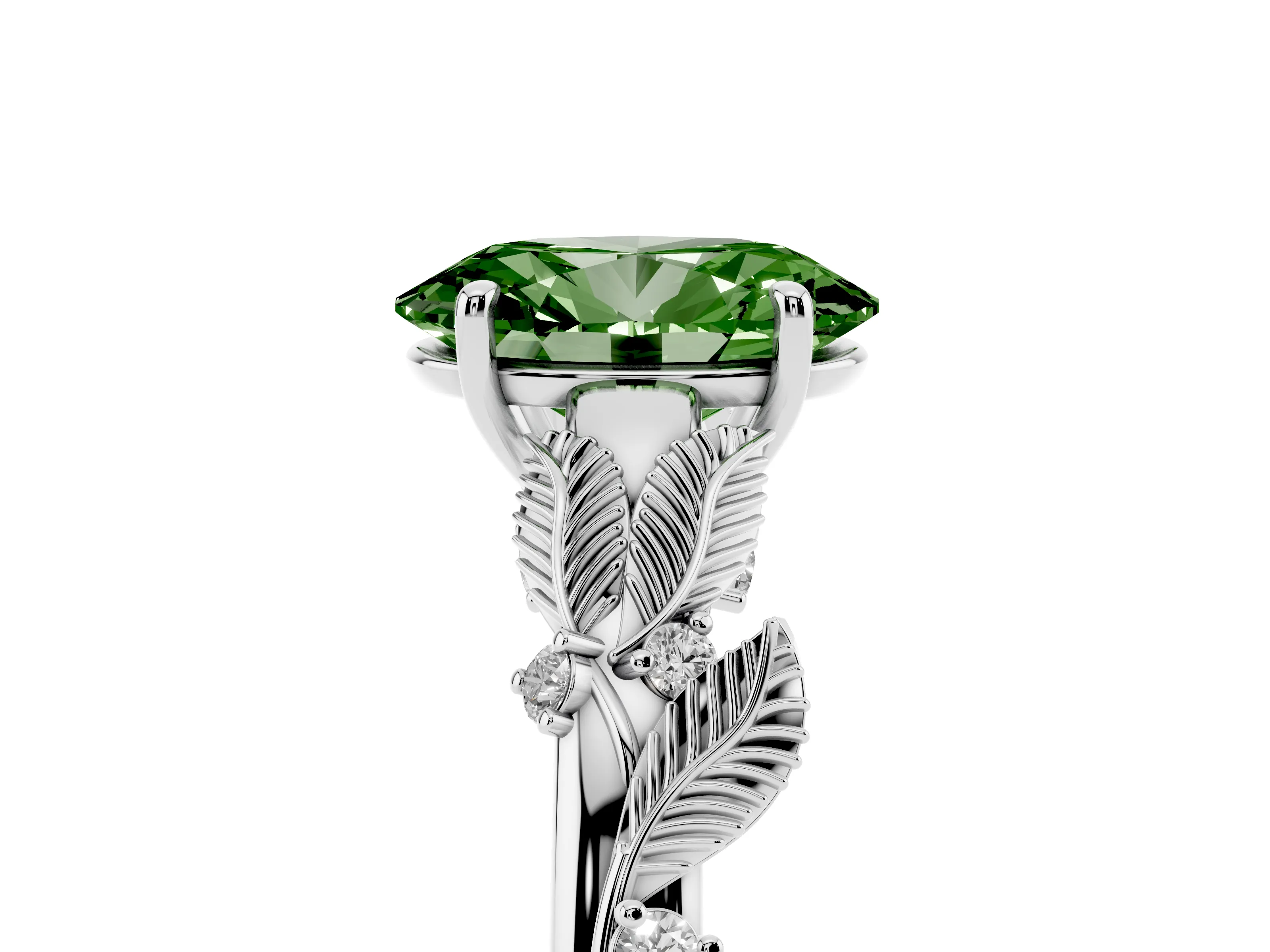 Fancy Green Oval Cut Diamond Solitaire Ring Set in Platinum with Leaf Motif Band
