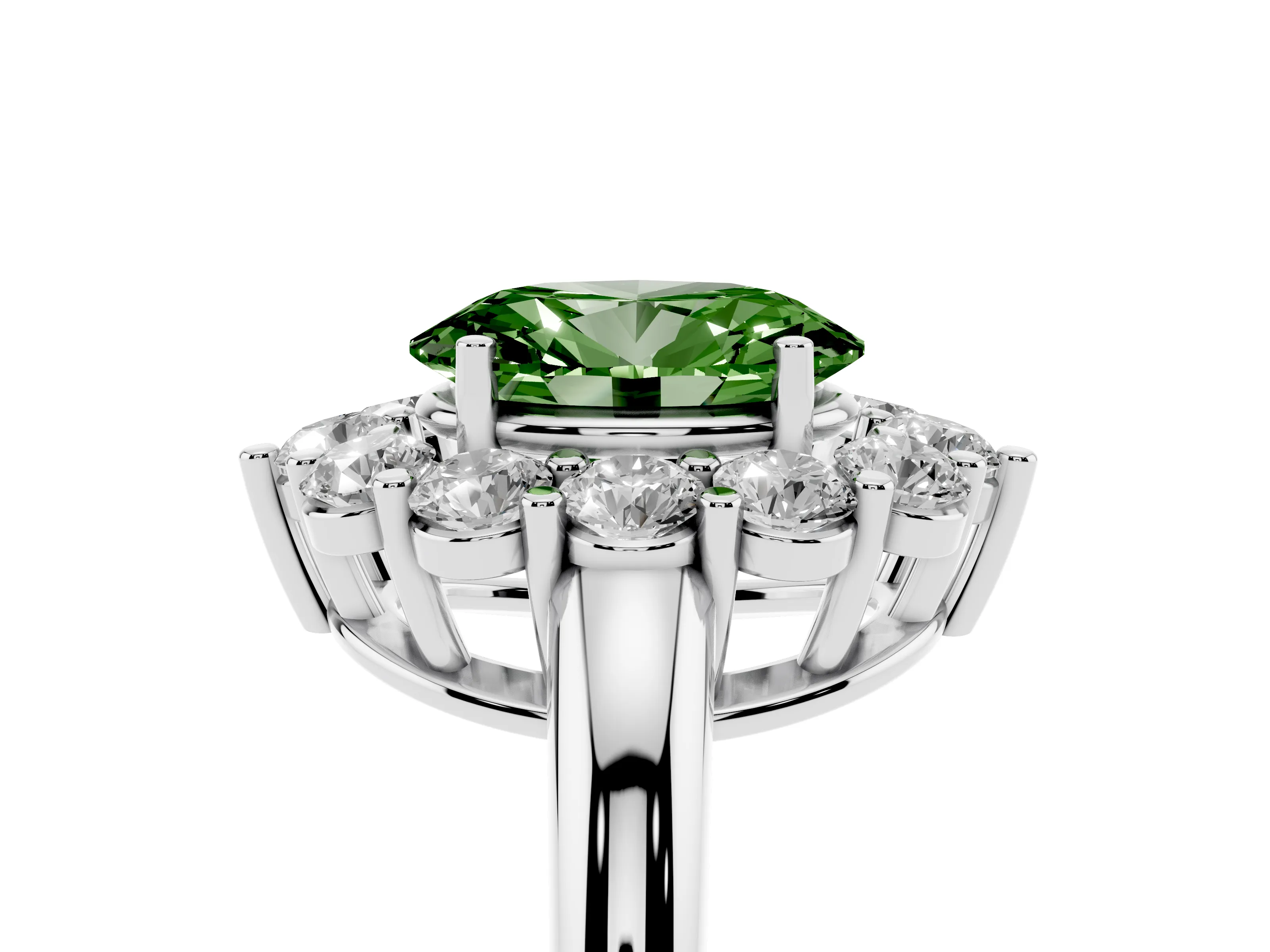 Fancy Green Oval Cut Diamond Halo Cluster Engagement Ring Set in Silver with Polished Band and Prong Setting