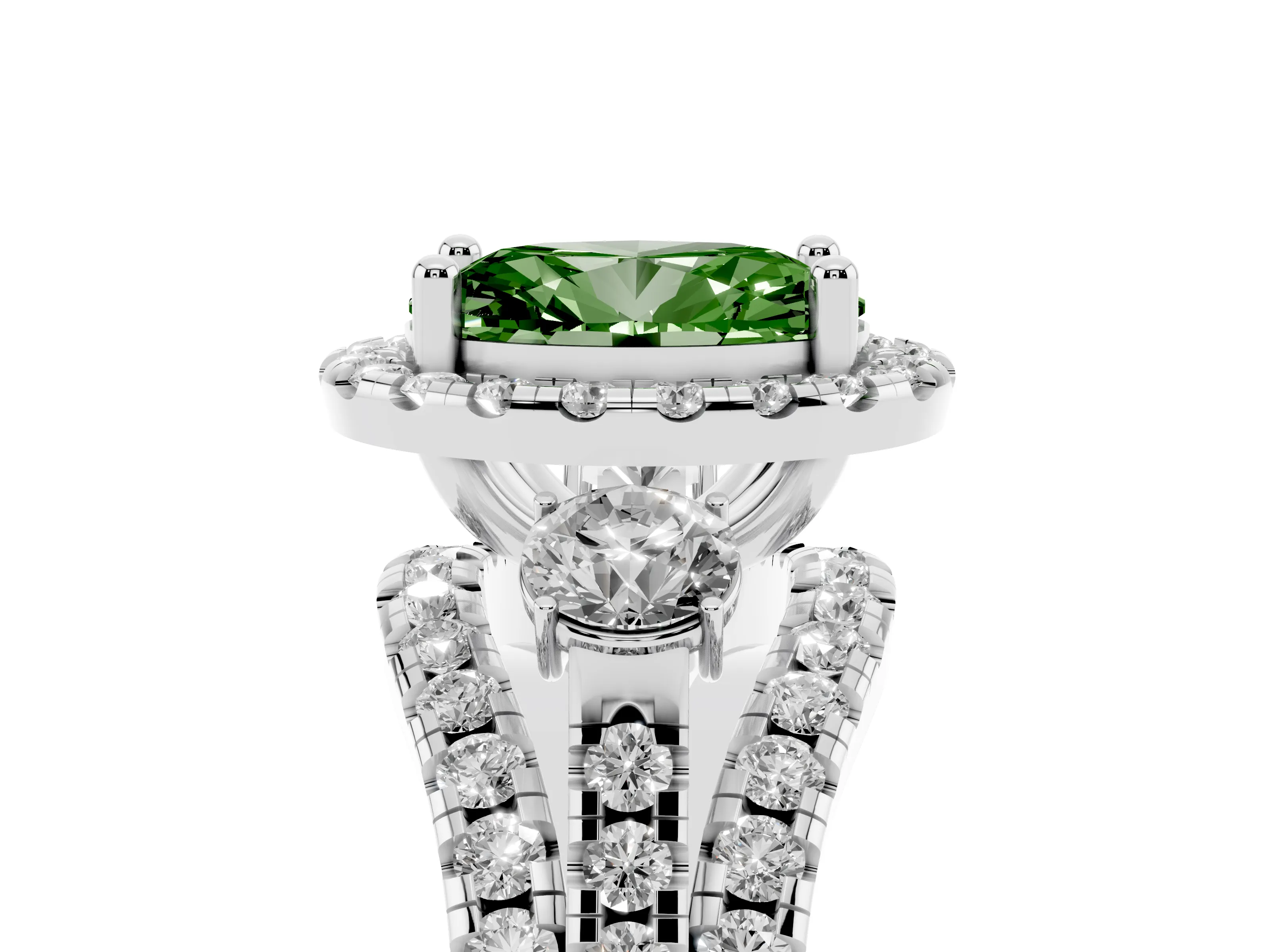 Fancy Green Oval Cut Diamond Halo Split Shank Ring Set in White gold with Round Accent Stones and Prong Setting