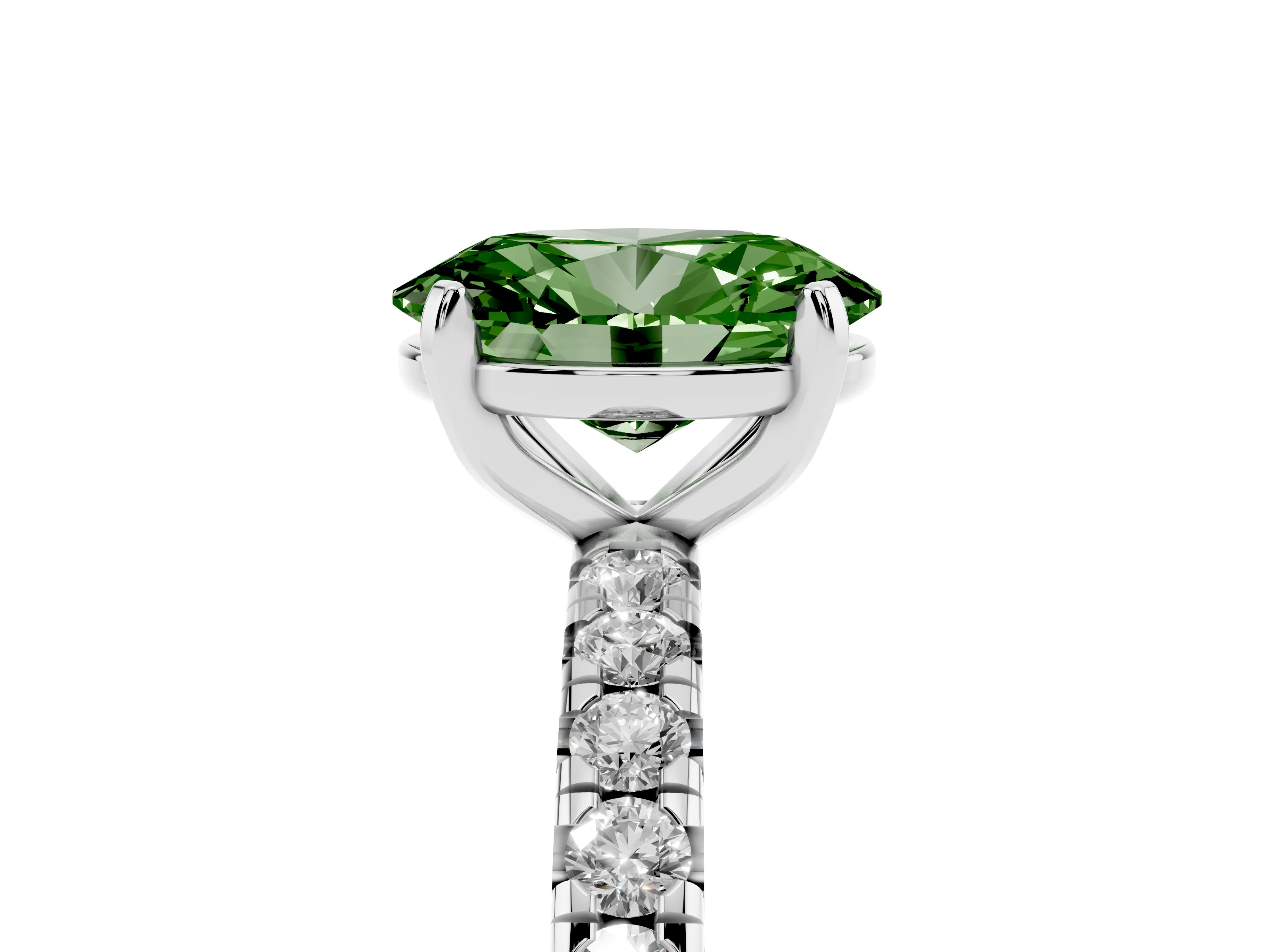 Fancy Green Oval Cut Diamond Pavé Solitaire Ring Set in Silver with Round Band and Prong Setting