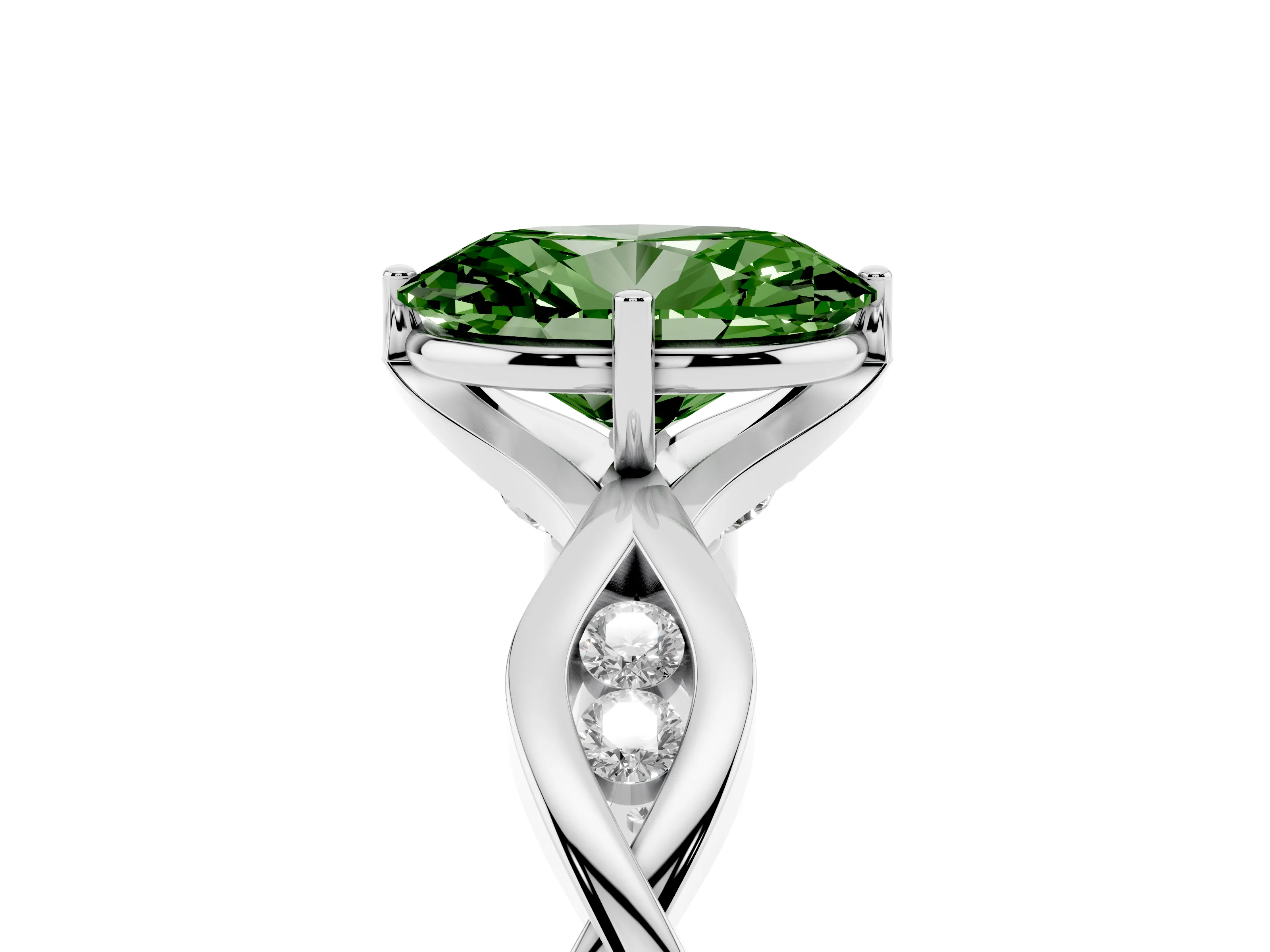 Fancy Green Oval Cut Diamond Twist Band Solitaire Ring Set in Platinum with Leaf Prong Setting and Accent Stones