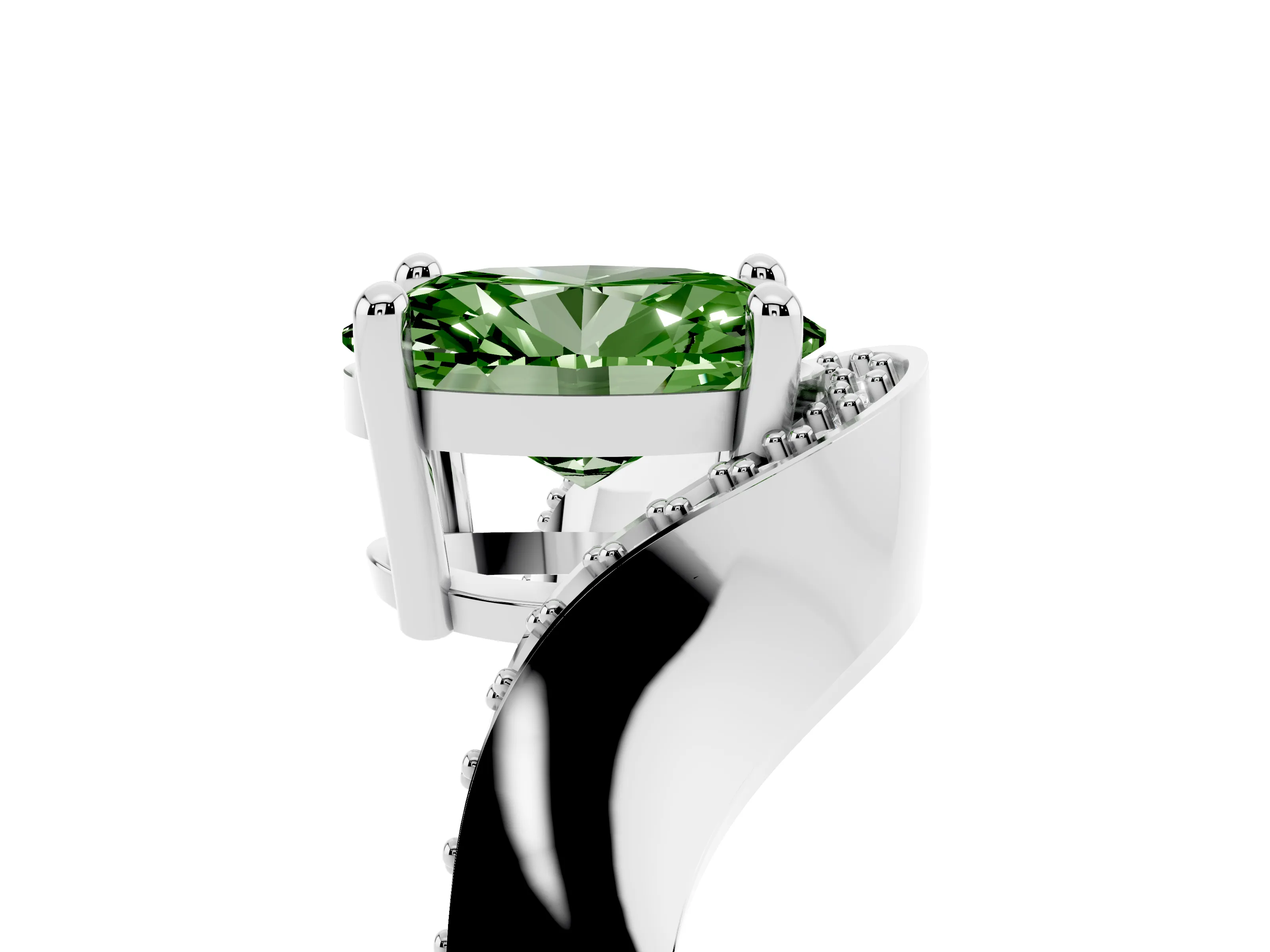 Fancy Green Oval Cut Diamond Solitaire Engagement Ring Set in Silver with Pavé Shoulders