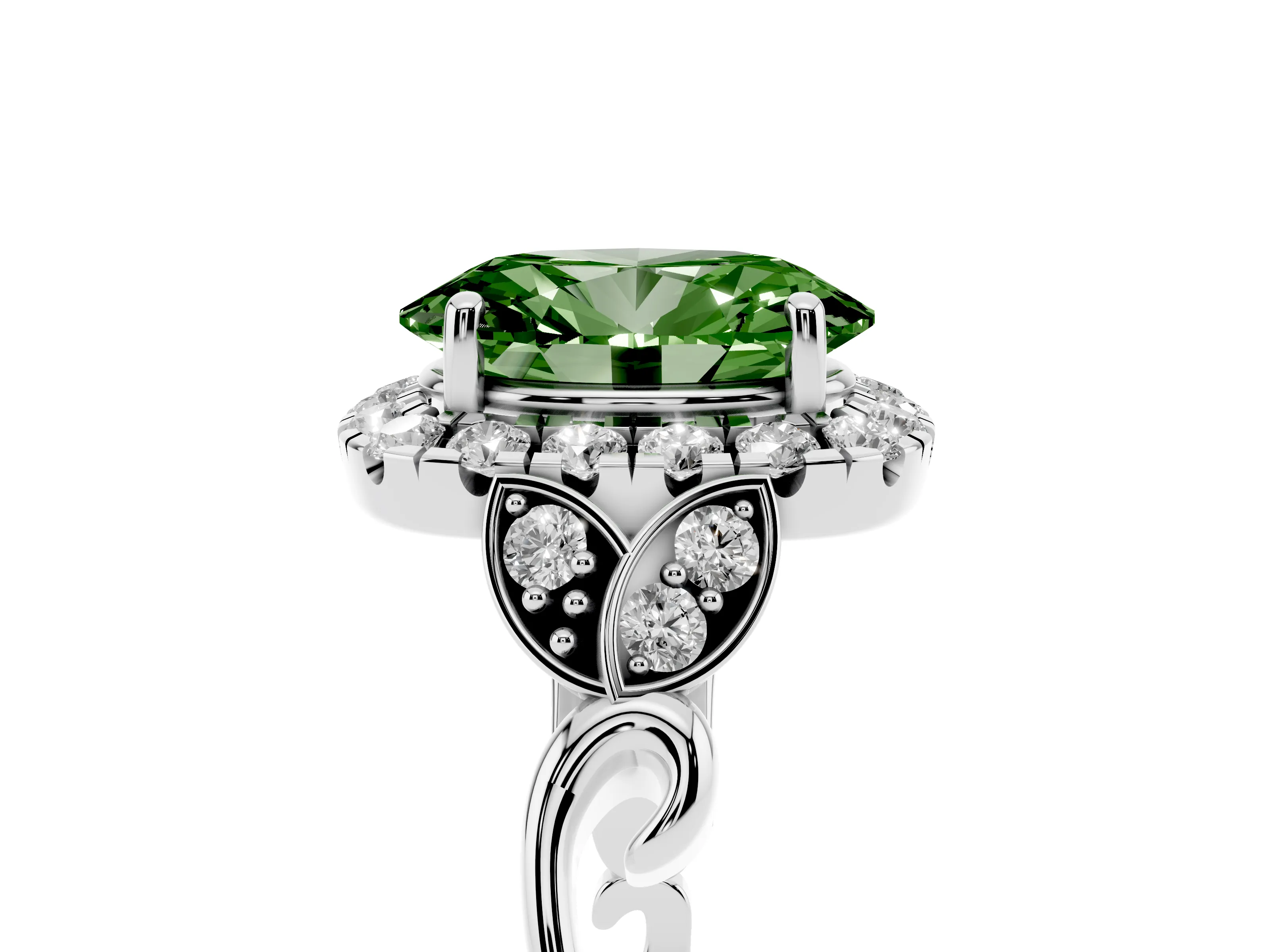Fancy Green Oval Cut Diamond Halo Engagement Ring Set in Platinum with Vintage-Inspired Band and Prong Setting
