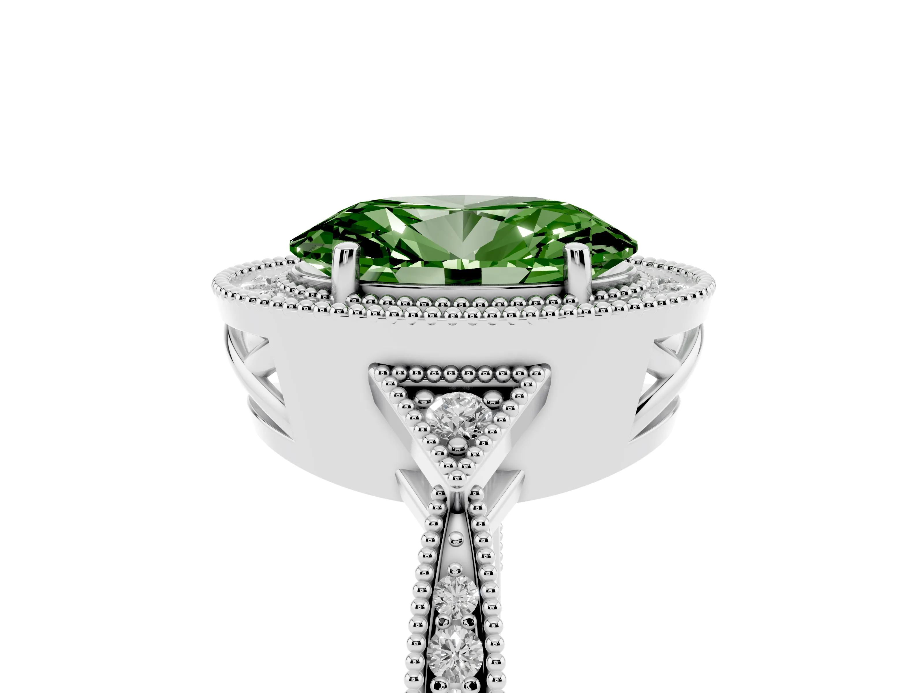 Fancy Green Oval Cut Diamond Halo Engagement Ring Set in Silver with Milgrain Pavé Band