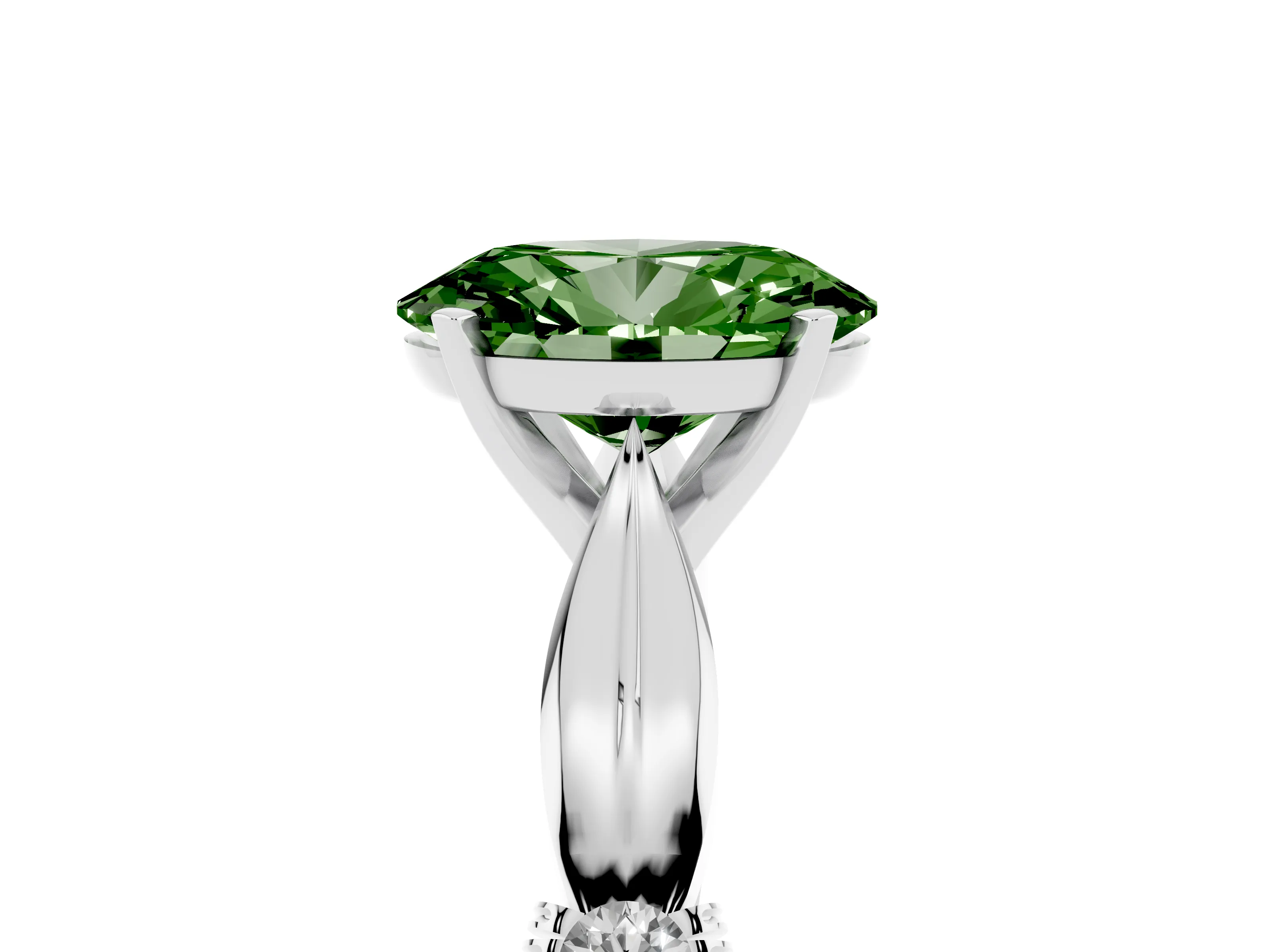 Fancy Green Oval Cut Diamond Solitaire Twisted Band Ring Set in Silver with Accent Stones and Prong Setting