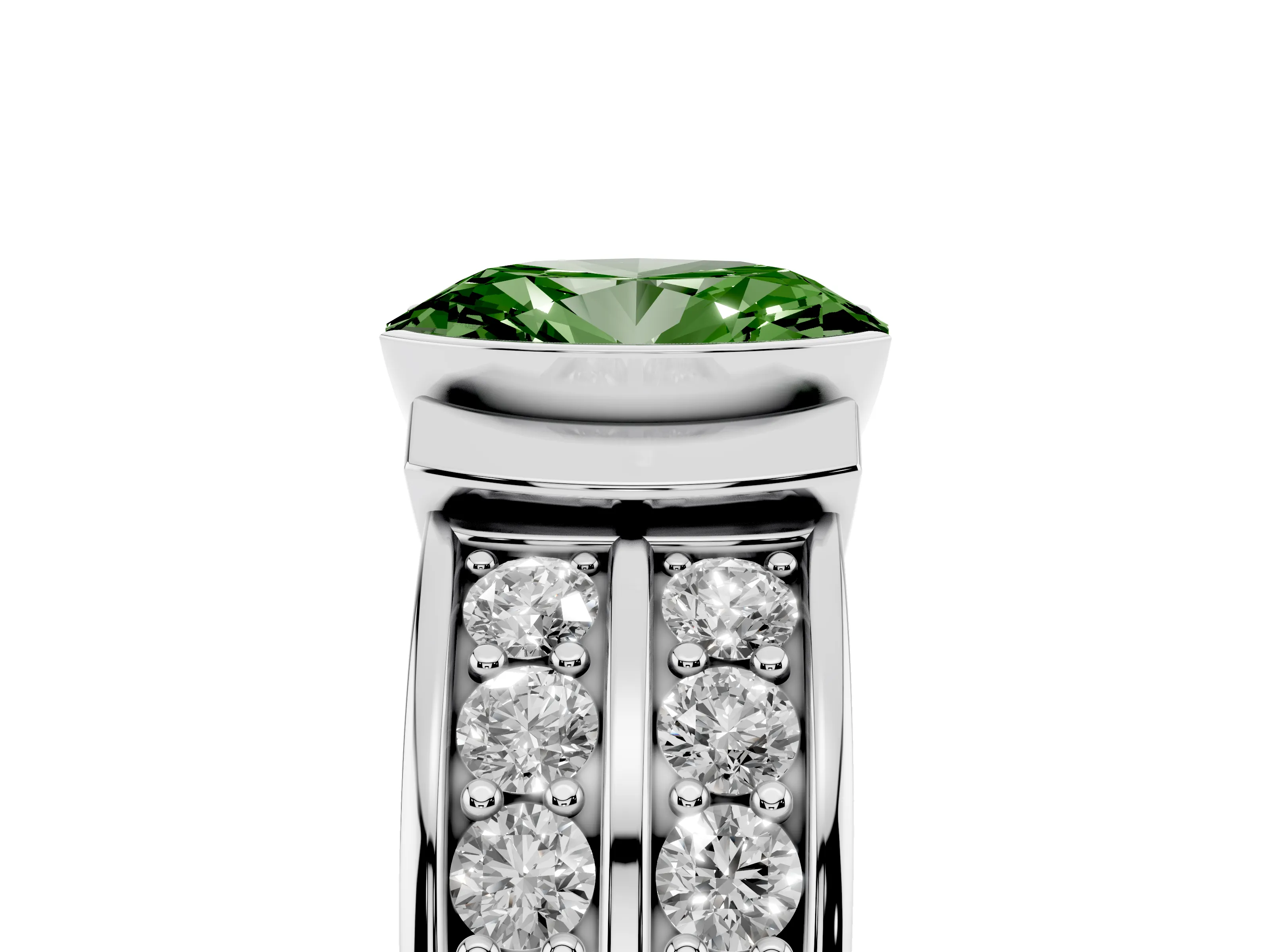 Fancy Green Oval Cut Diamond Wide Channel Set Band Ring Set in Silver with Bezel Setting