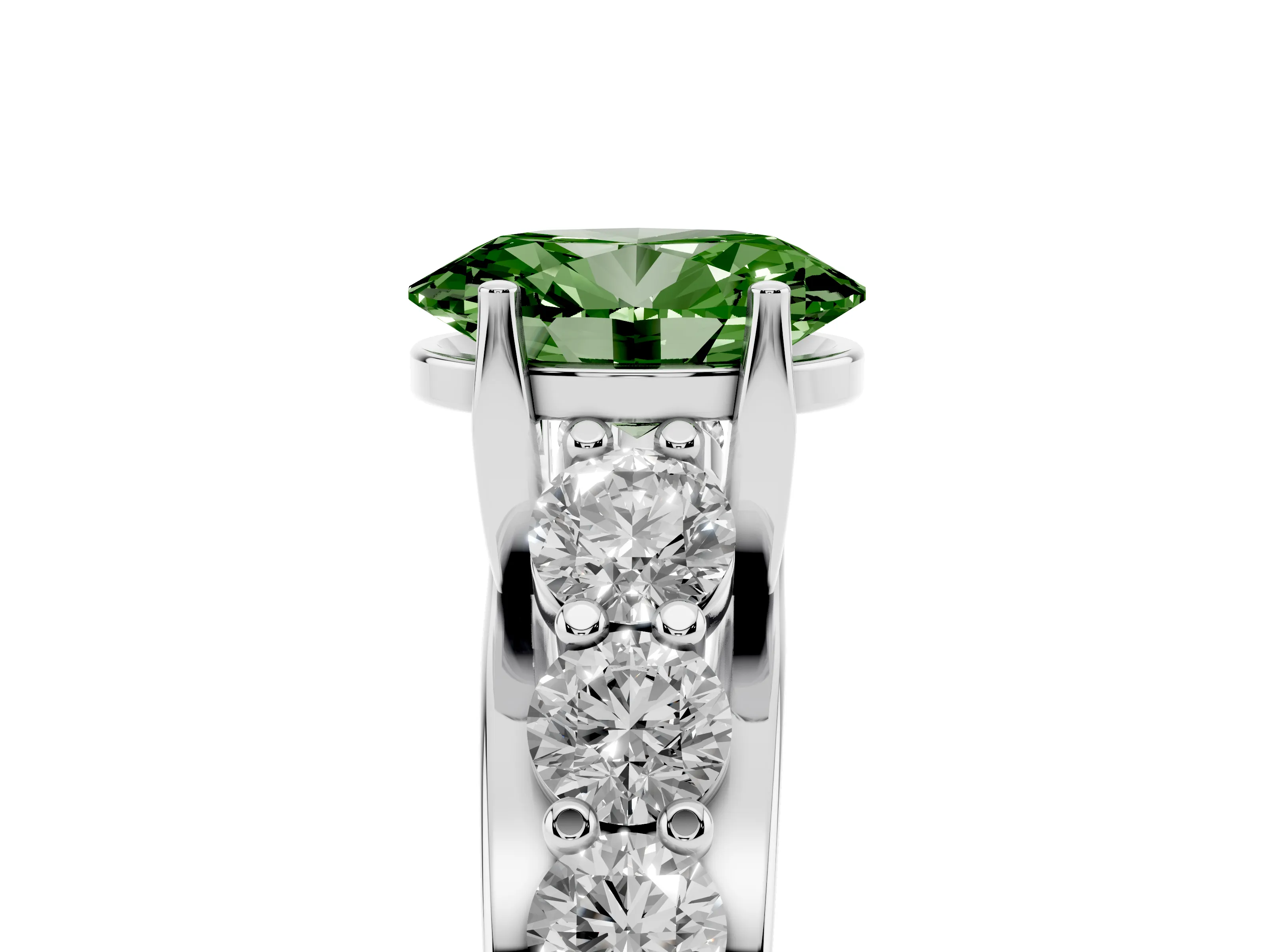 Fancy Green Oval Cut Diamond Pavé Engagement Ring Set in Silver with Prong Setting