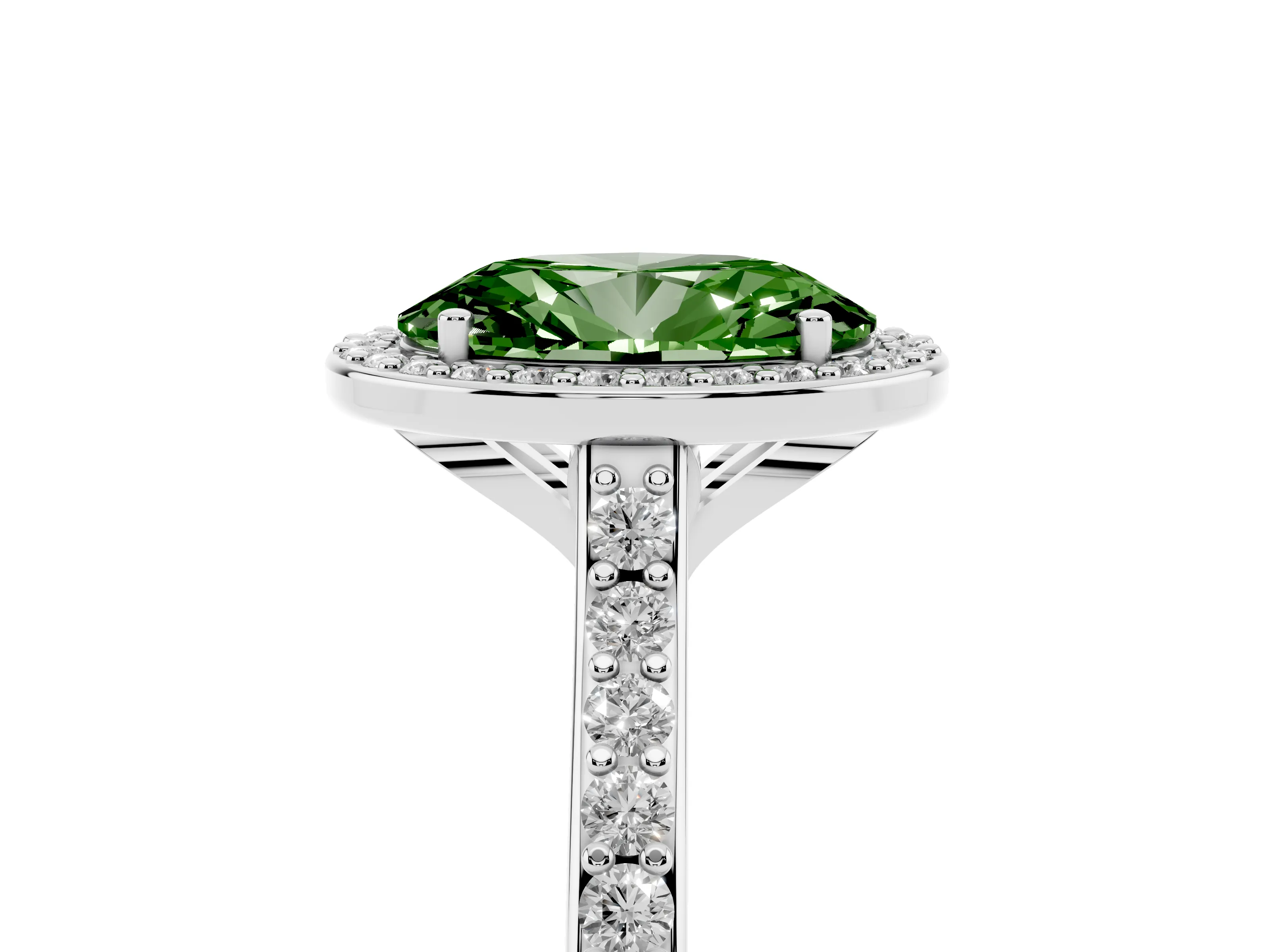 Fancy Green Oval Cut Diamond Halo Engagement Ring Set in White gold with Round Pavé Shoulders and Heart Gallery