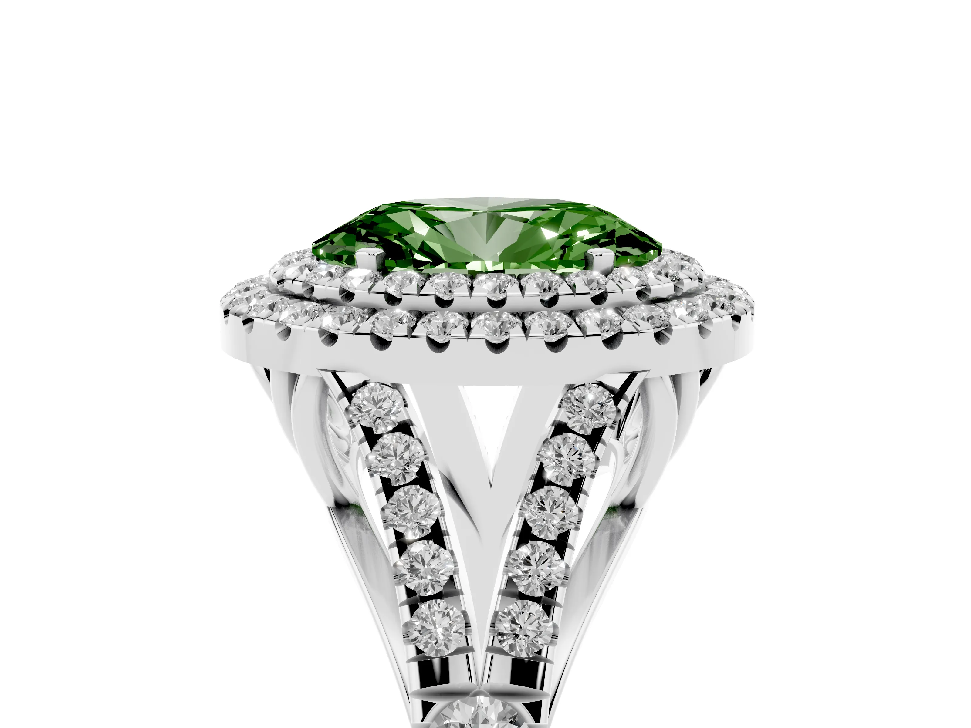 Fancy Green Oval Cut Diamond Pavé Split Shank Double Halo Engagement Ring Set in Silver