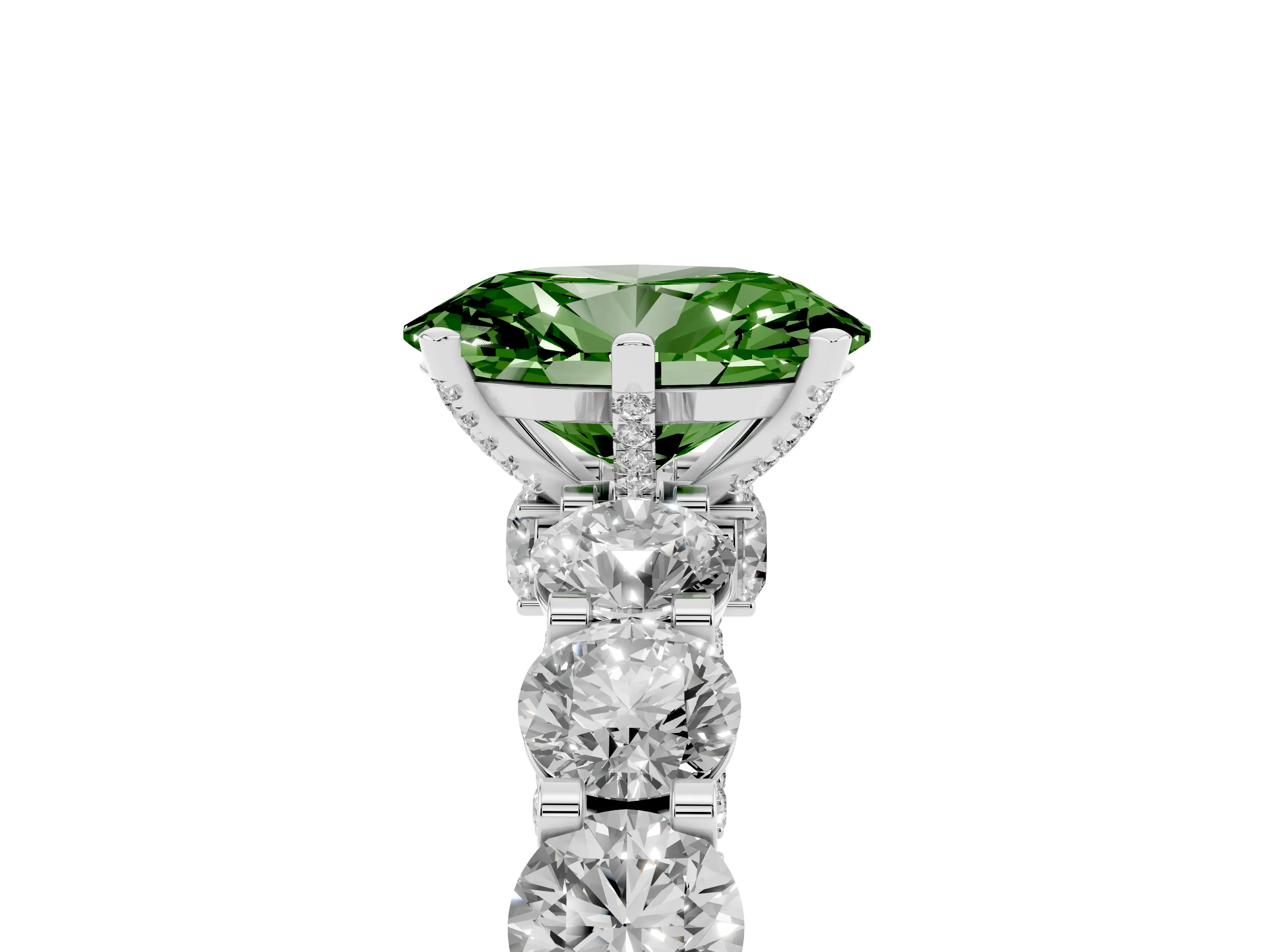 Fancy Green Oval Cut Diamond Side Stone Ring Set in Platinum with Alternating Round and Oval Side Stones