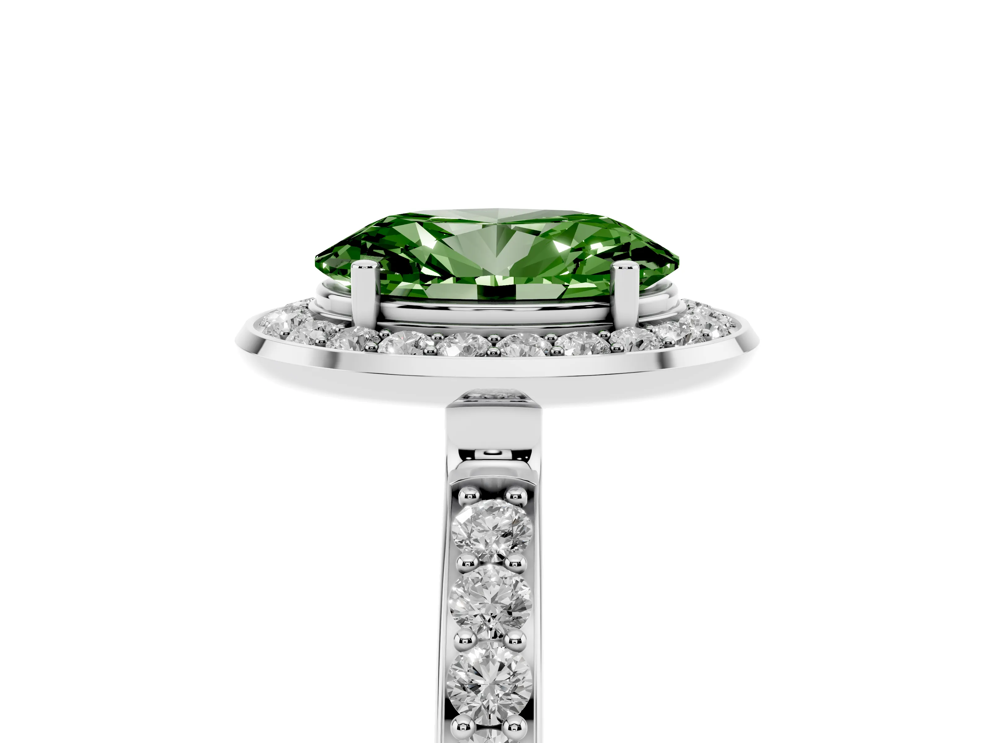 Fancy Green Oval Cut Diamond Halo Ring Set in Platinum with Bezel Frame and Pavé Band