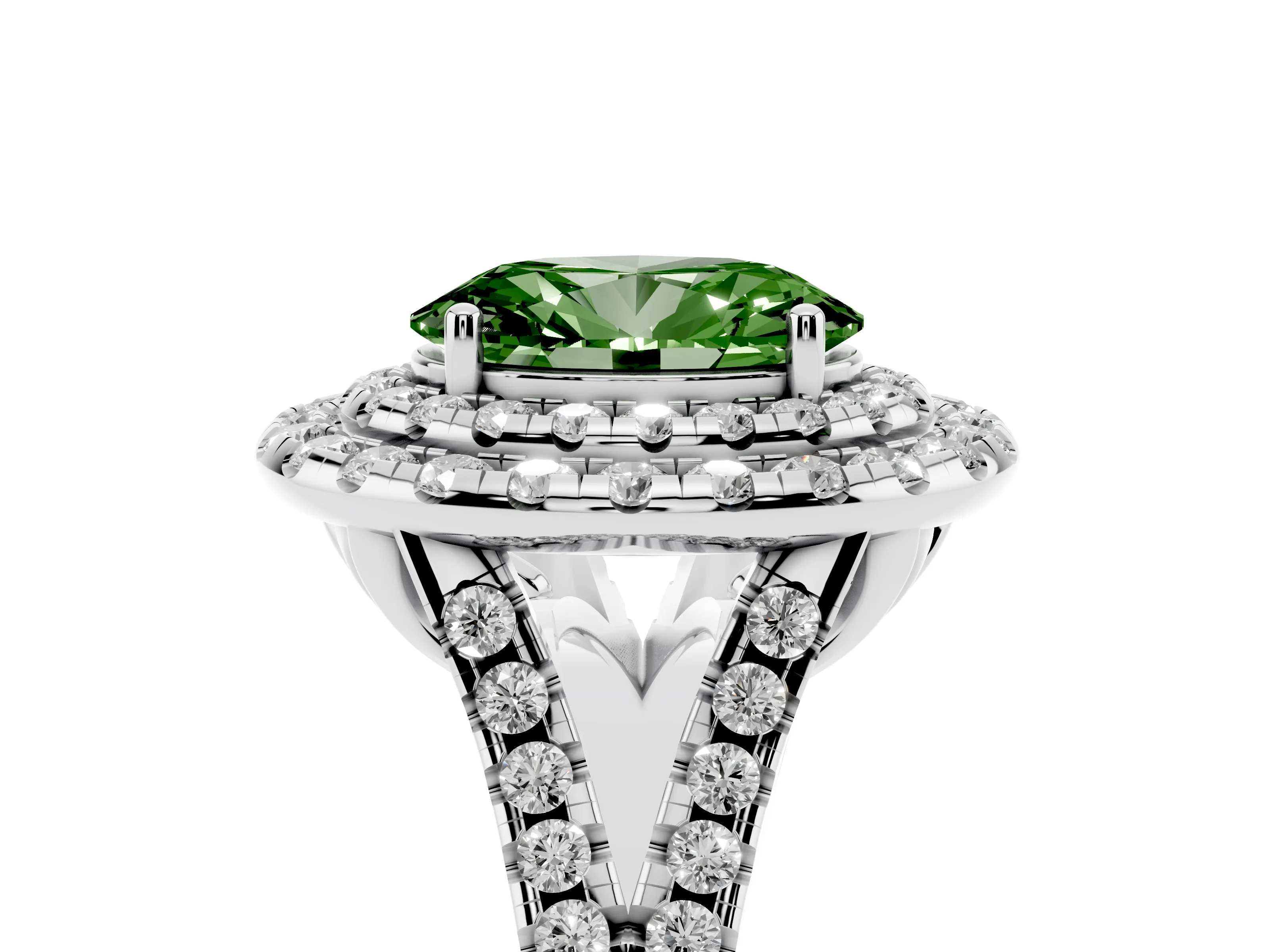 Fancy Green Oval Cut Diamond Double Halo Ring Set in White gold with Pavé Split Shank and Prong Setting