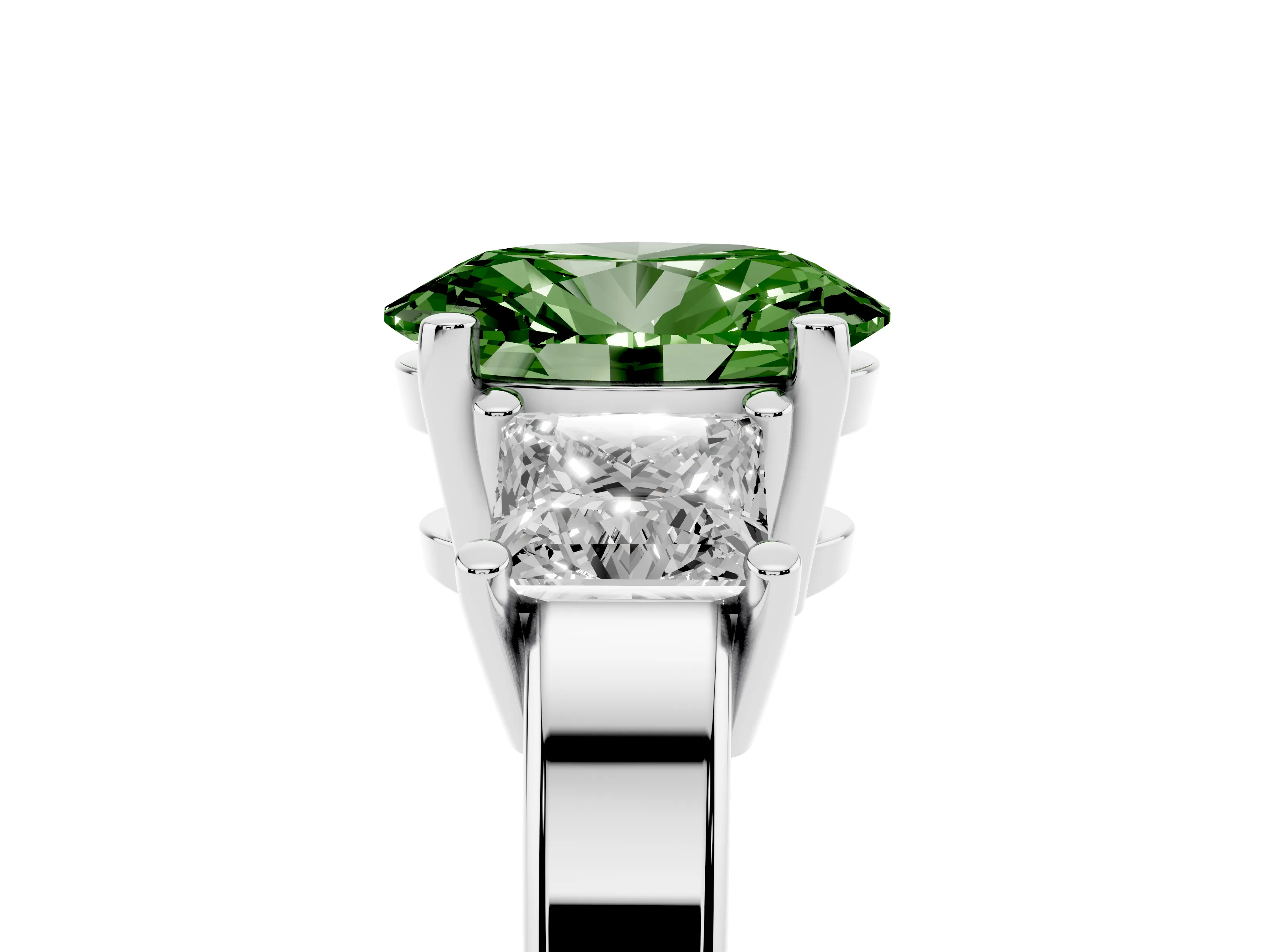 Fancy Green Three-Stone Oval Cut Diamond Solitaire Ring Set in Platinum with Prong Setting