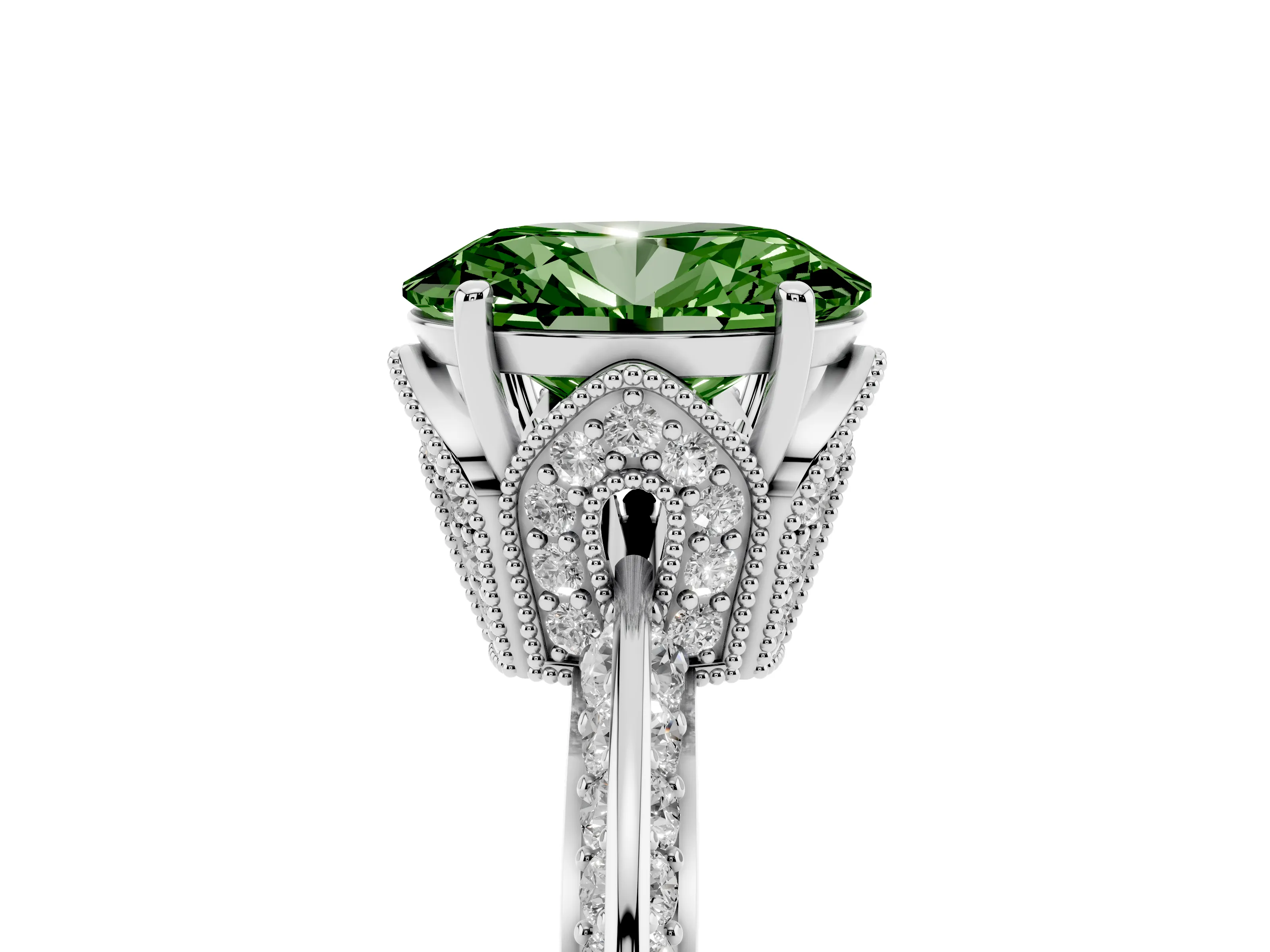 Fancy Green Oval Cut Diamond Solitaire Engagement Ring Set in Silver with Pavé Split Shank and Prong Setting