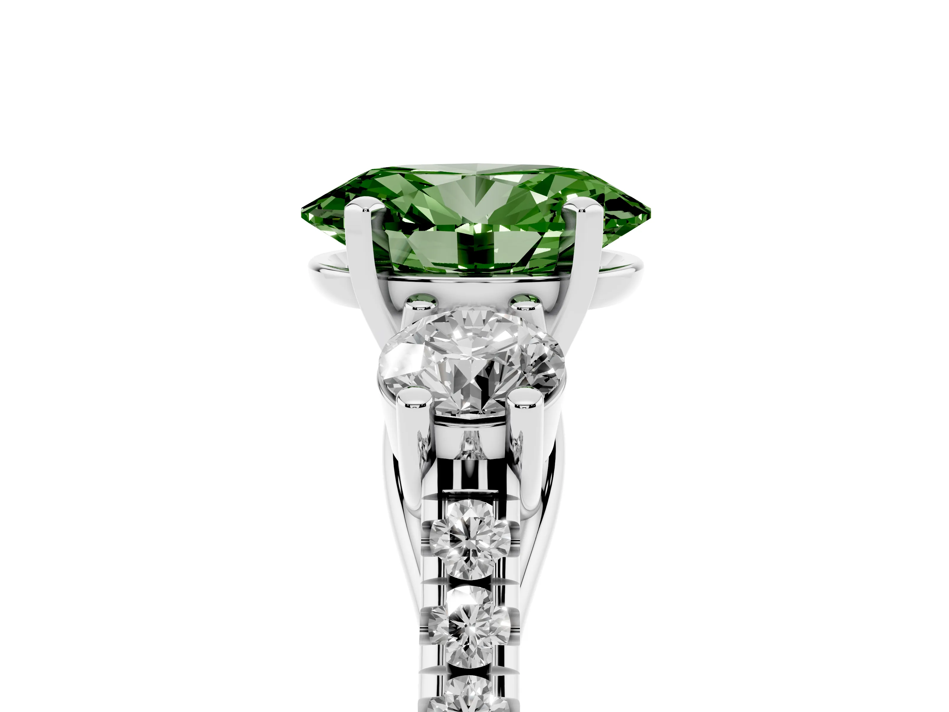 Fancy Green Three-Stone Oval Cut Diamond Pavé Band Ring Set in Silver with Prong-Set Trio