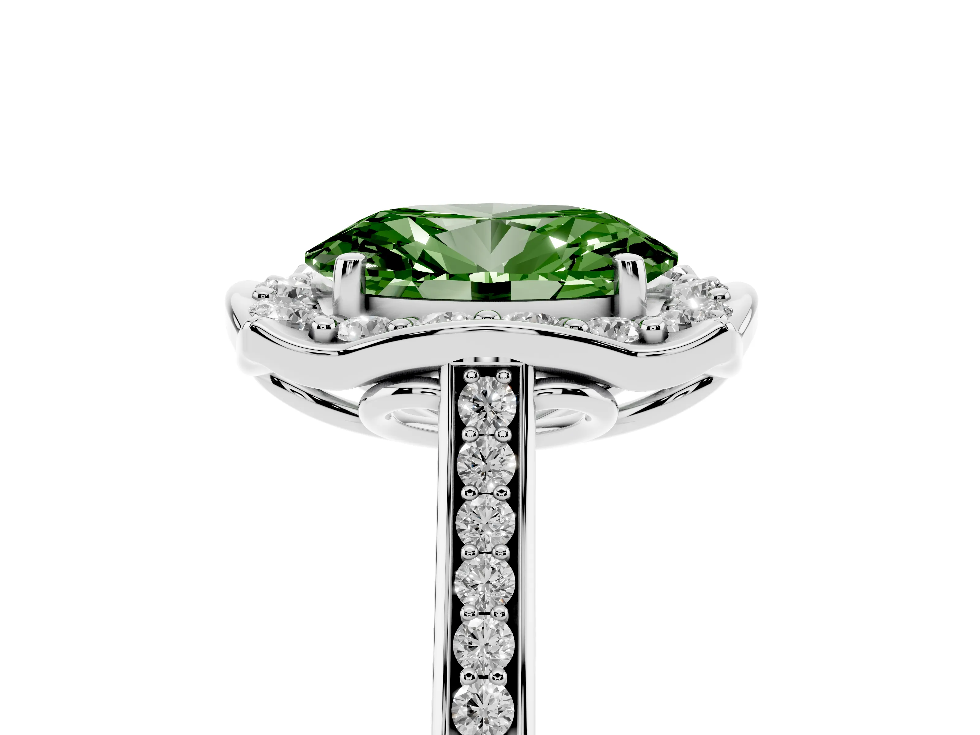 Fancy Green Oval Cut Diamond Halo Ring Set in Silver with Pavé-Lined Shoulders and Prong Setting