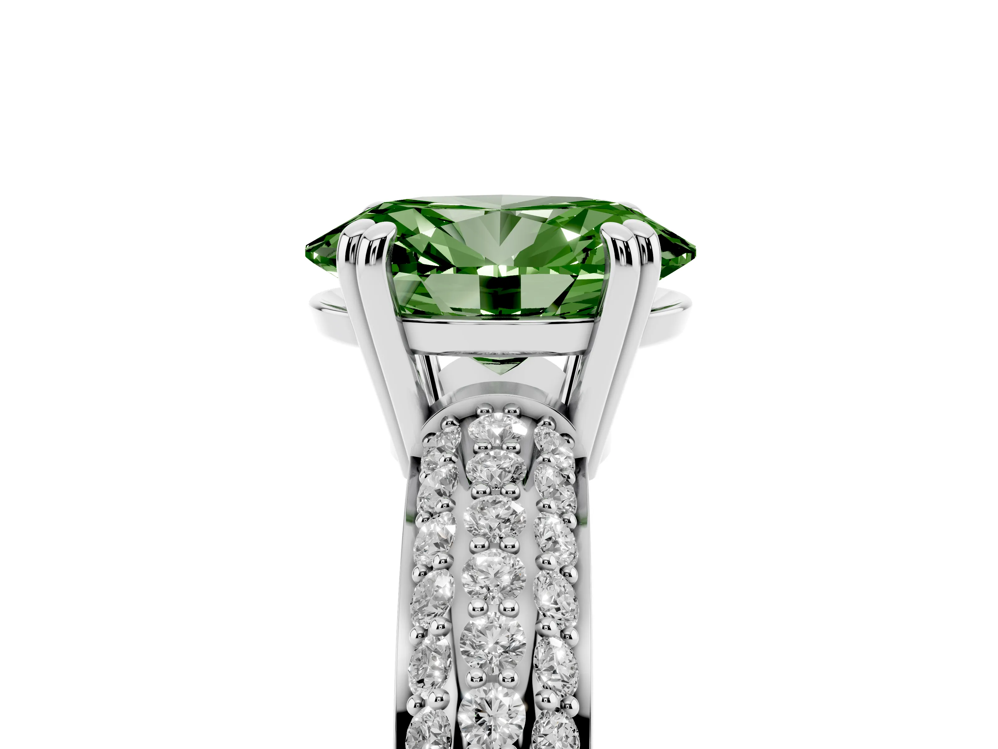 Fancy Green Oval Cut Diamond Solitaire Ring Set in Platinum with Multi-Row Round Pavé Band and Prong Setting