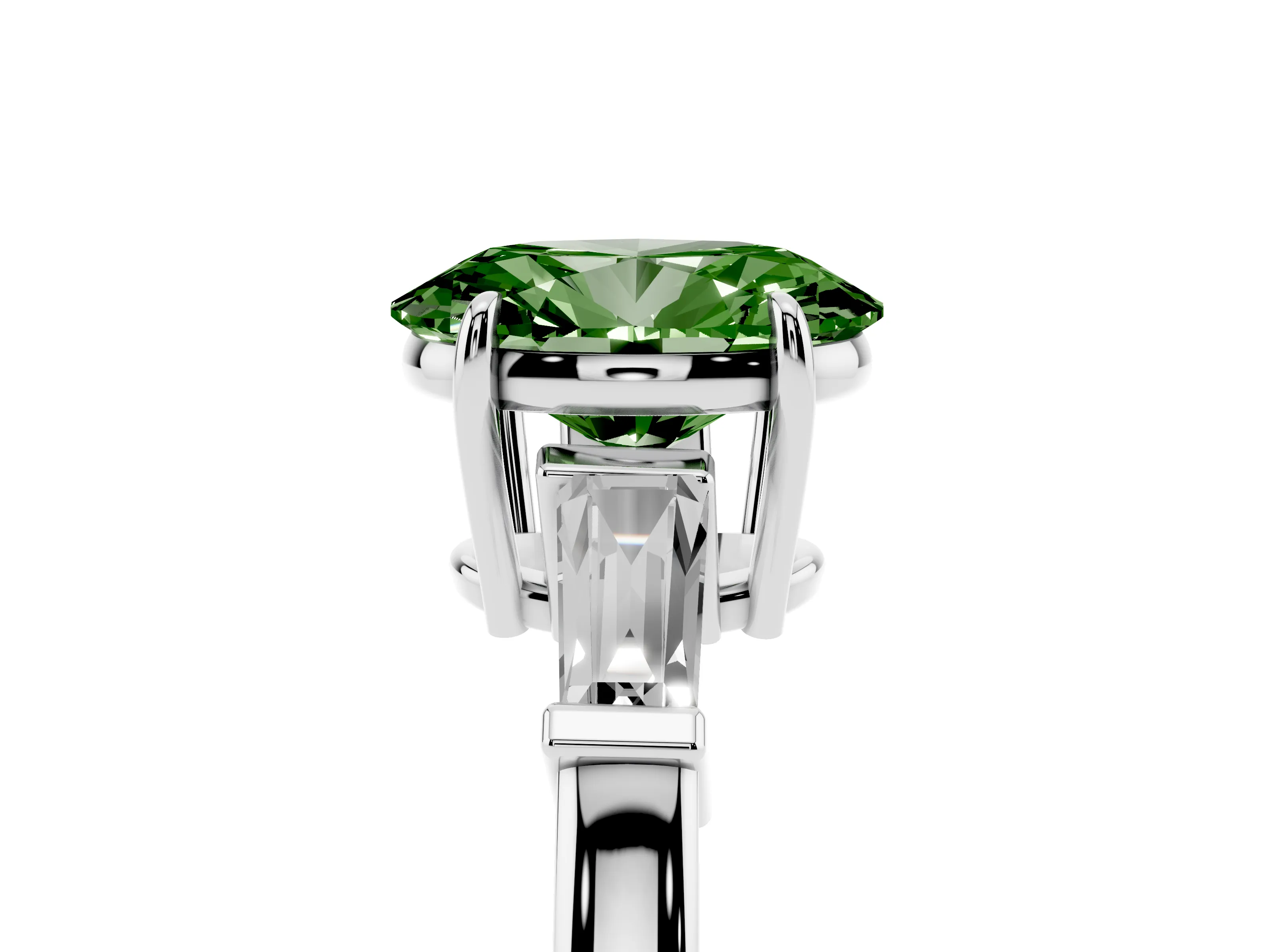 Fancy Green Oval Cut Diamond Three-Stone Ring Set in White gold with Tapered Baguette Side Stones and Prong Setting