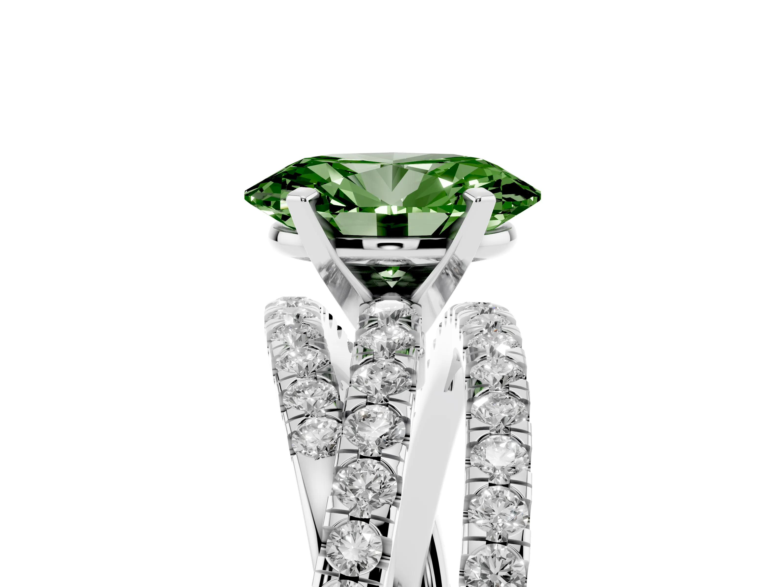 Fancy Green Oval Cut Diamond Solitaire Twist Band Ring Set in Platinum with Pavé Setting and Prong Head