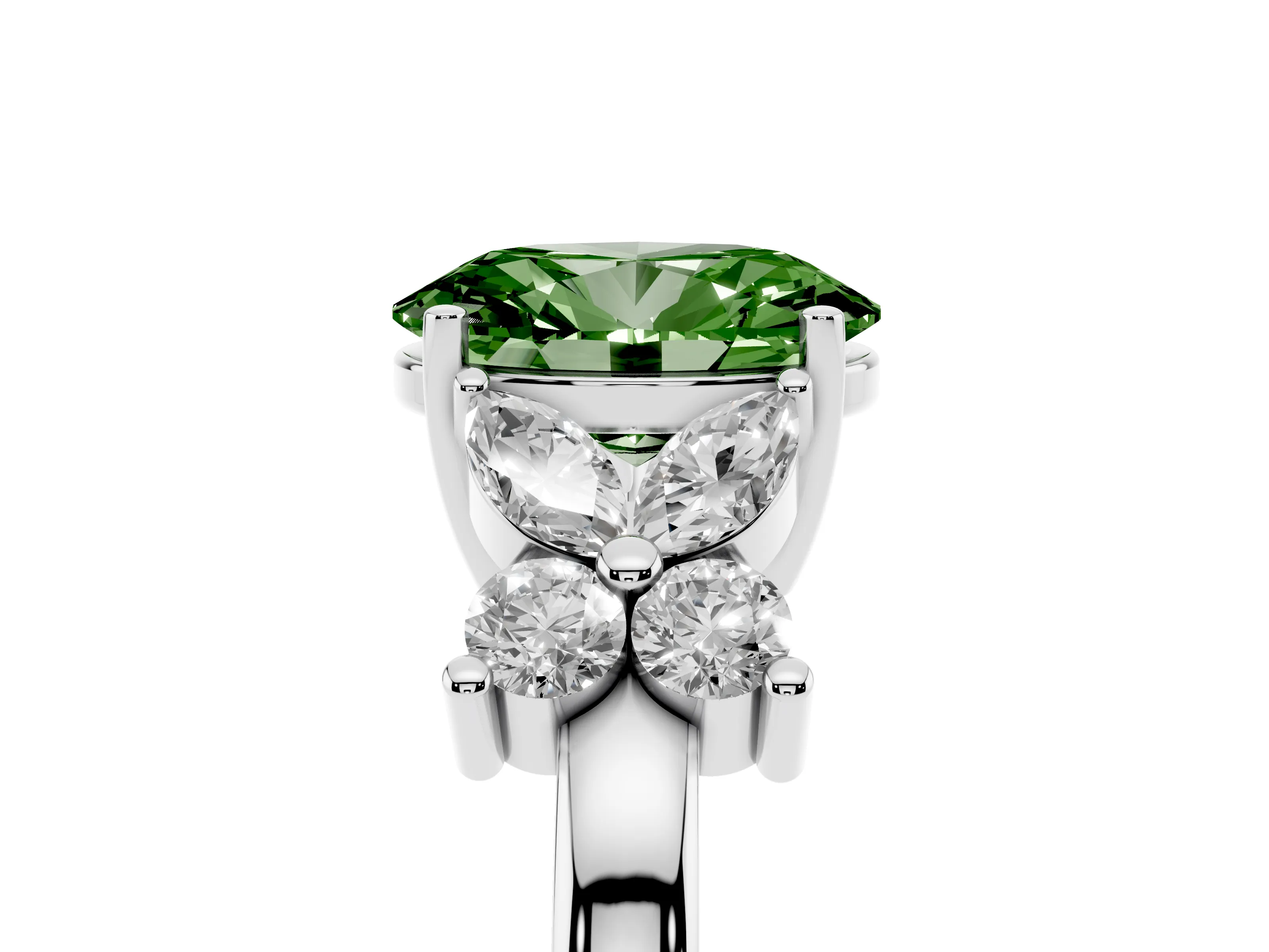 Fancy Green Oval Cut Diamond Floral Cluster Ring Set in Platinum with Marquise Petals and Prong Setting