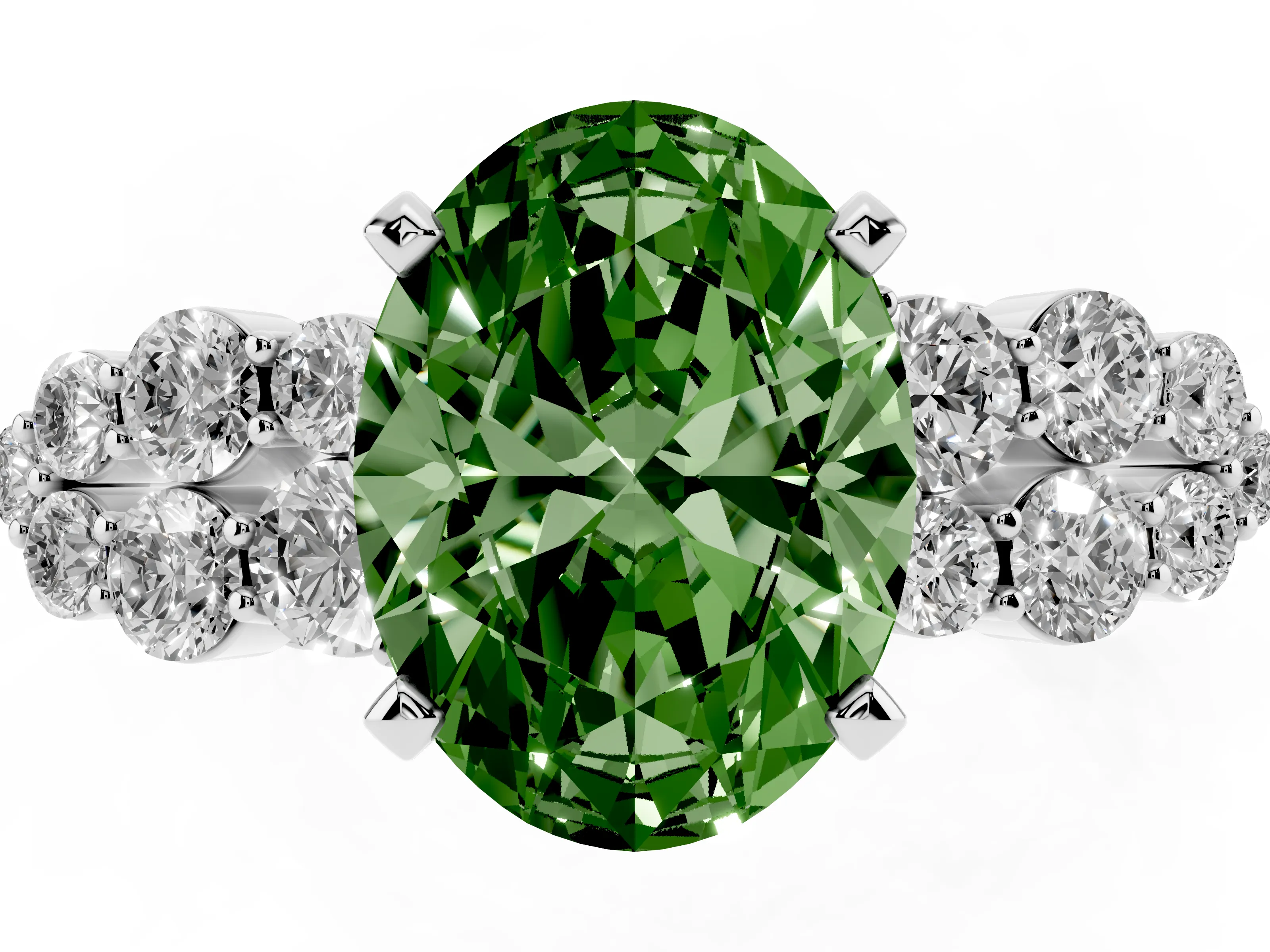 Fancy Green Oval Cut Diamond Cluster Engagement Ring Set in Platinum with Pavé Band and Prong Setting