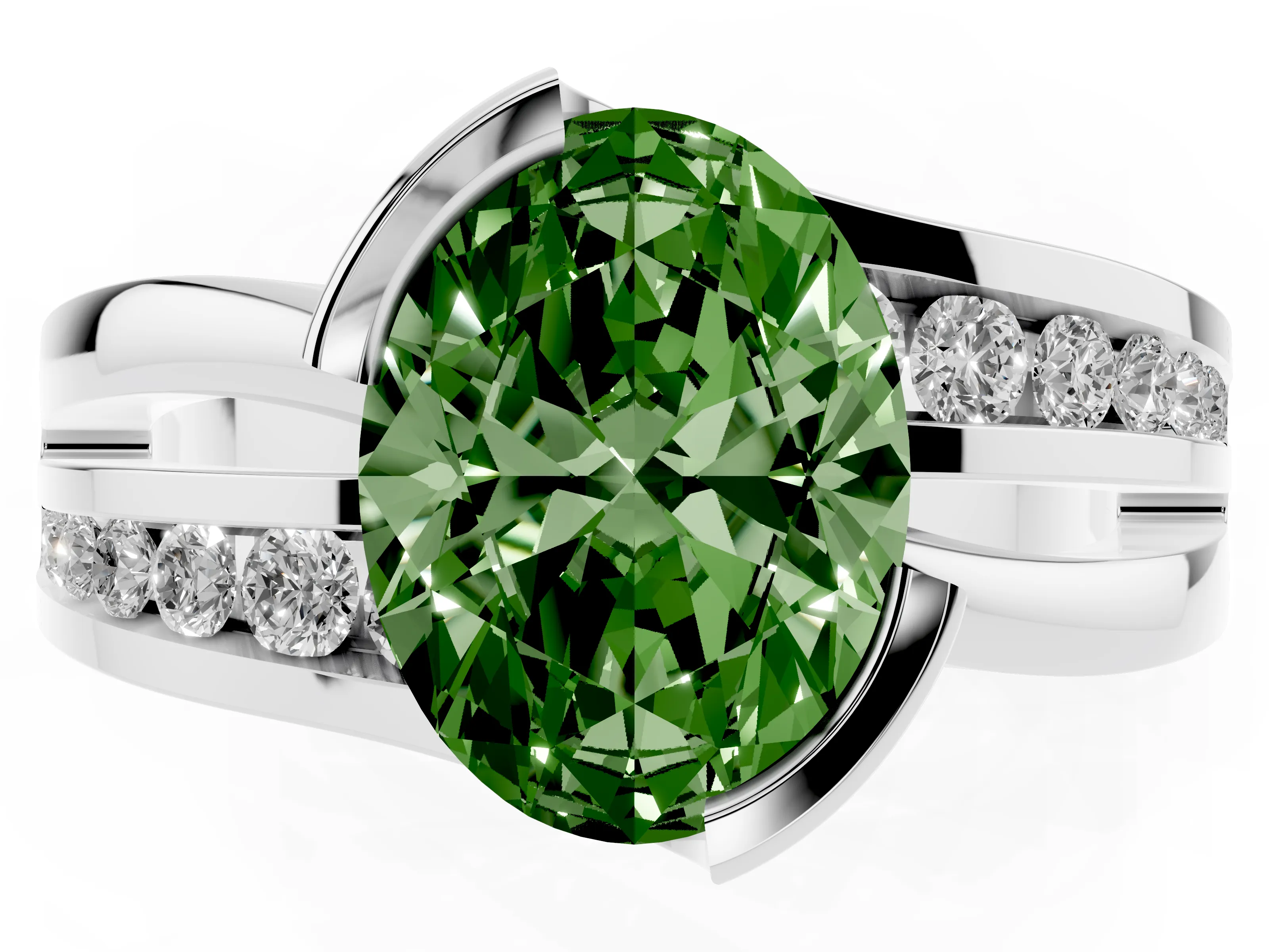 Fancy Green Oval Cut Diamond Solitaire Ring Set in Silver with Channel Set Split Shank and Tension Prongs