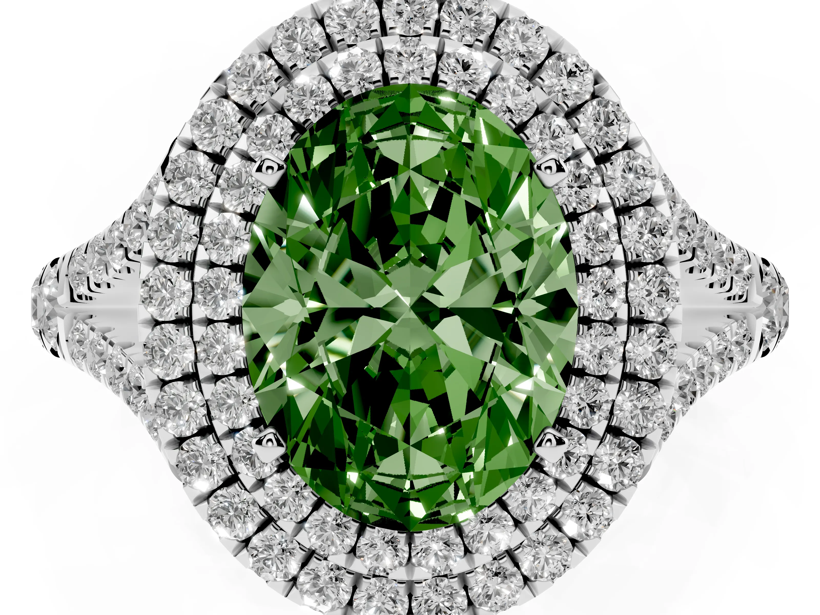 Fancy Green Oval Cut Diamond Pavé Split Shank Double Halo Engagement Ring Set in Silver