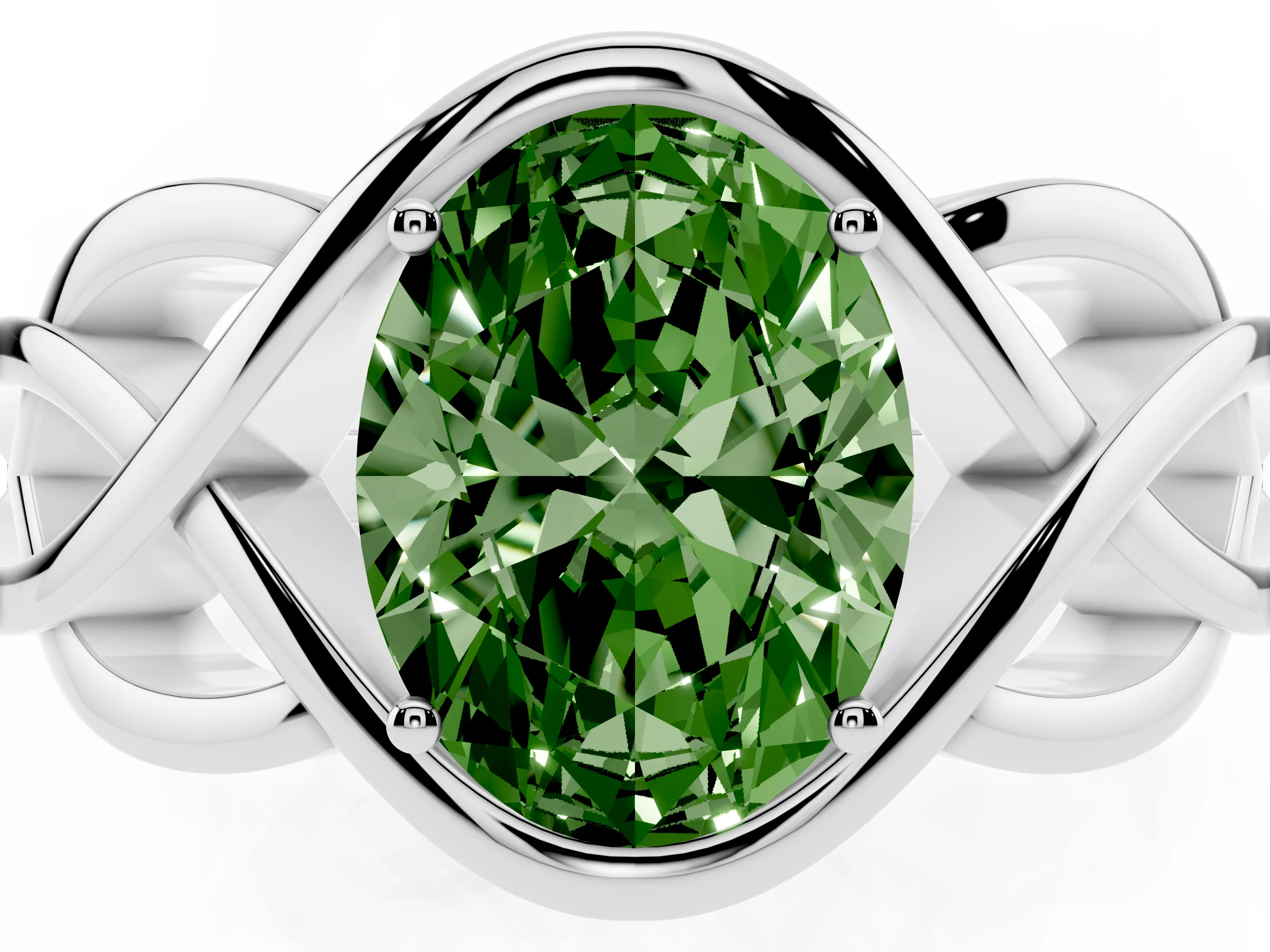 Fancy Green Oval Cut Diamond Solitaire Ring Set in Platinum with Intertwined Band