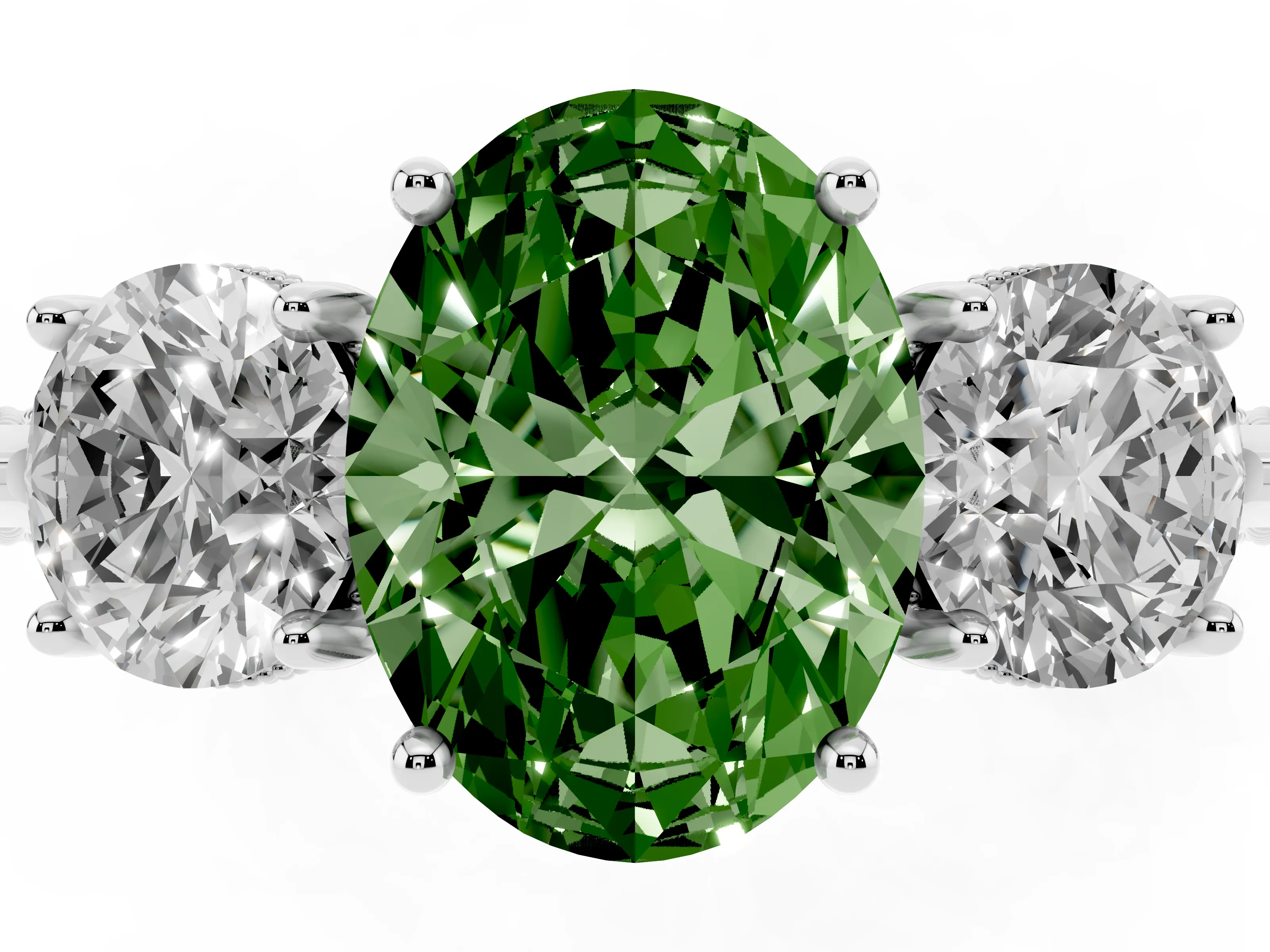 Fancy Green Oval Cut Diamond Three-Stone Ring Set in Silver with Milgrain Band